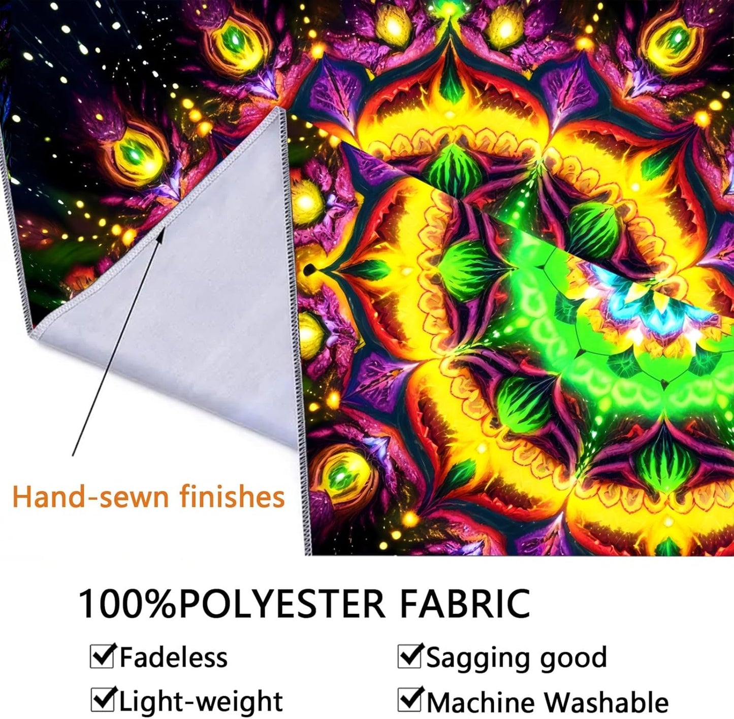 Blacklight Mandala Tapestry for Bedroom, Psychedelic Flower Black Light Posters for Adults and Teens, UV Reactive Aesthetic Bohemian Art Wall Hanging Decor Golden and Green (90 x 70 Inches)