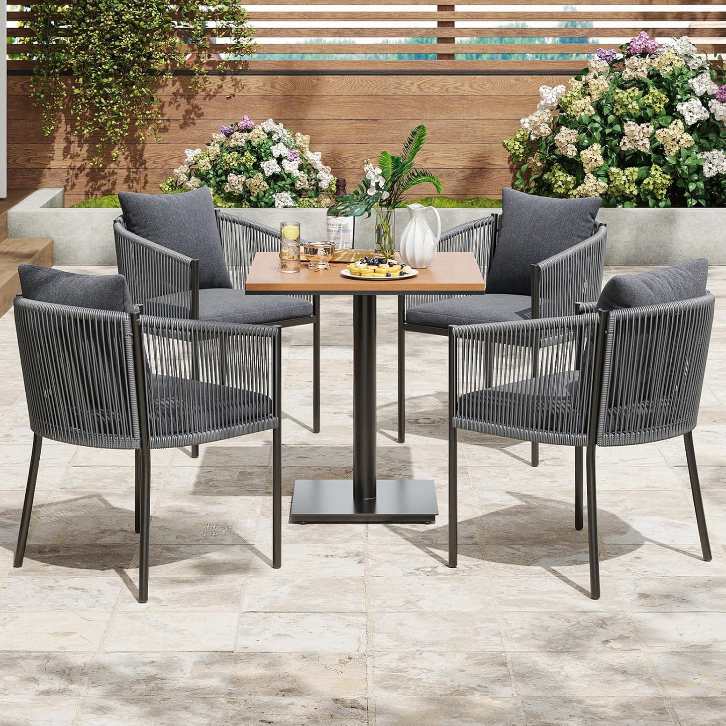 Soohow 5 Pieces Outdoor Dining Set for 4, Patio Table and Chairs Set 4 X Rattan Wicker Patio Chair with Cushions and 1 X Outdoor Table Plastic Wooden Top for Lawn, Deck Backyard, Poolside