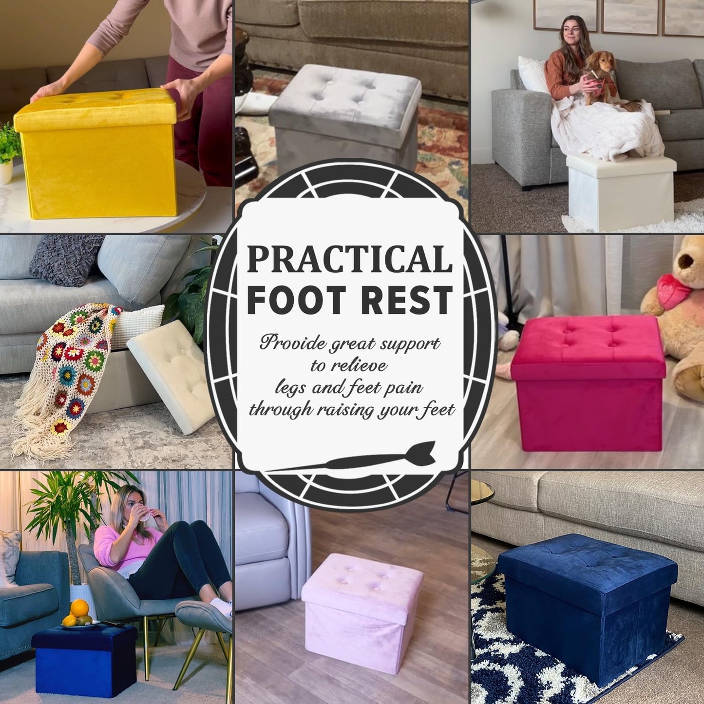 LINMAGCO Storage Ottoman Folding Foot Stool Foot Rest with Side Pocket Modern Ottoman with Storage Short Sofa Stool Velvet 17x13x13(ROSEO)