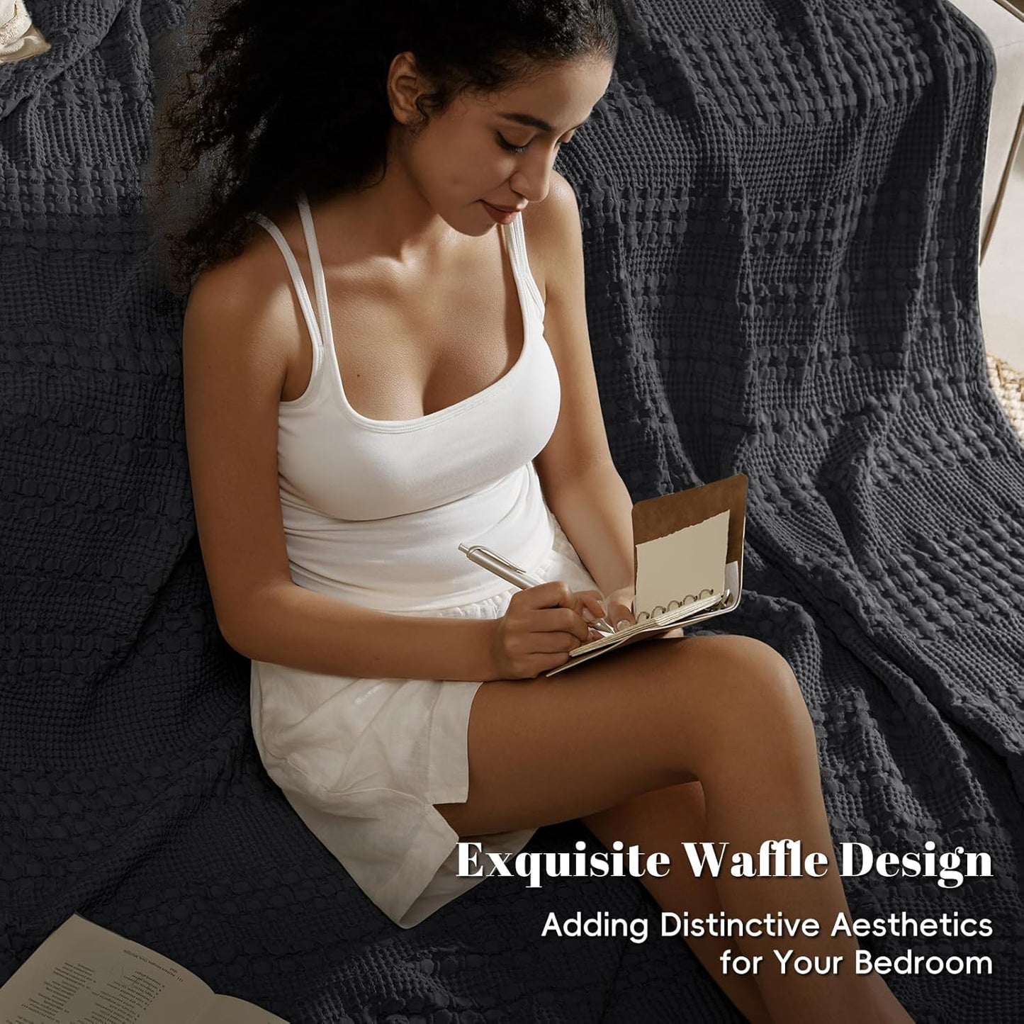 PHF 100% Cotton Waffle Weave Blanket Queen Size, Soft Lightweight Breathable Cozy Summer Blankets for Bed, Luxury Aesthetic Woven Bedding for Home Decor, 90"x90", Black