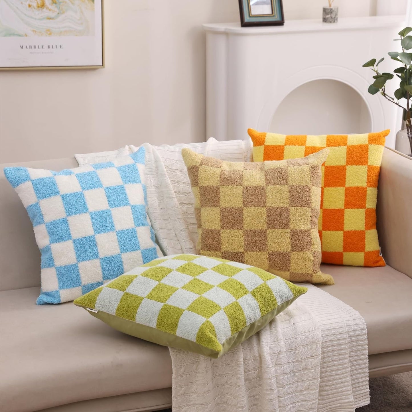 Alysheer Checkered Embroidered Decorative Throw Pillow Covers 18"x 18" Set of 2, Farmhouse Cottage Cream Ivory Plaid Tufted Patterned Cotton Canvas Cushion Case for Sofa Couch Bed Living Room