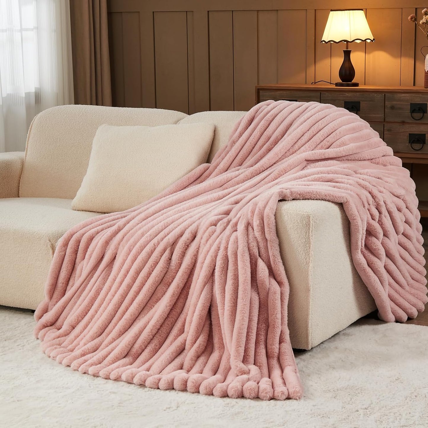 NEWCOSPLAY Faux Fur Throw Blanket Pink 3D Ribbed Plush Thick Warm Blanket for Couch Sofa Bed 850GSM (Pink Ribbed, Throw(50"x60"))