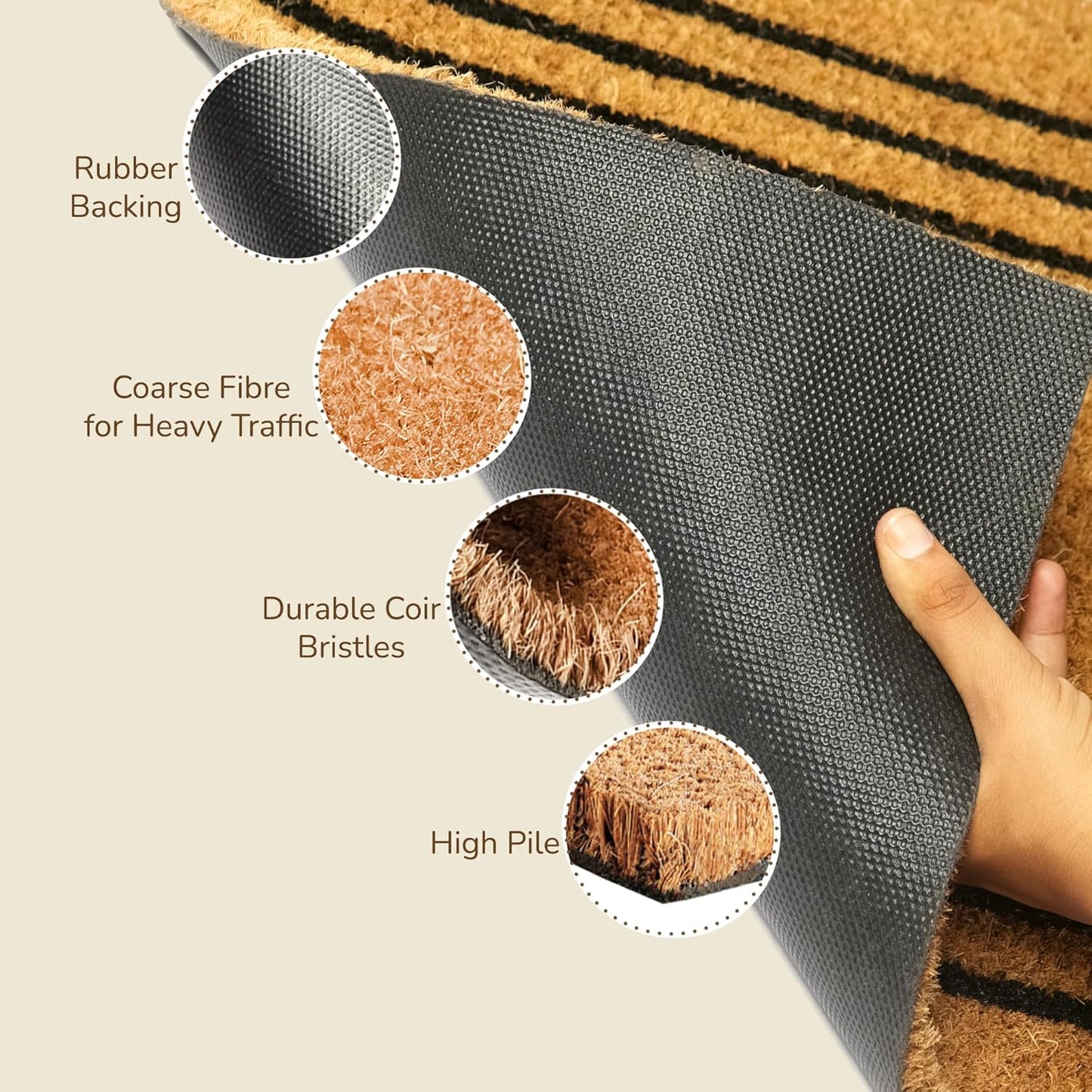 Welcome Doormats, Natural Coco Coir Mats with Non-Slip PVC Backing, Indoor Outdoor Mats for Home & Office, Floor Mats for Door Decor, Plain Entry Mat with Stripes, Beige & Black, 30"x17"