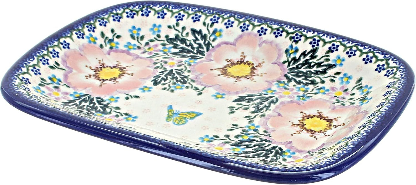 Blue Rose Polish Pottery Apple Blossom Small Rectangular Serving Platter