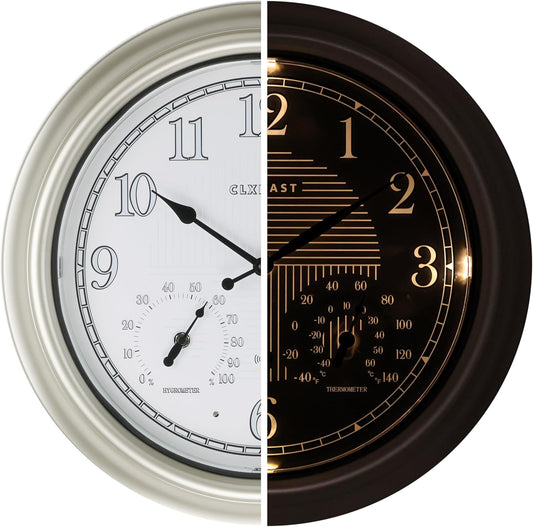 CLXEAST 18 Inch Illuminated Outdoor Indoor Atomic Analog Wall Clock with Temperature & Humidity Combo, Lighted Outdoor Clocks for Patio Large Waterproof with Thermometer, Modern Morning Silver/Gold