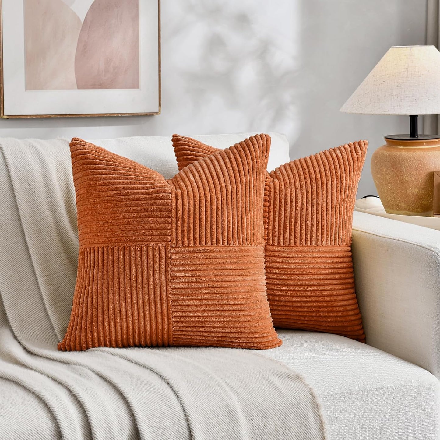 Fancy Homi 2 Packs Orange Euro Decorative Throw Pillow Covers 26x26 Inch for Living Room Couch Bed, Farmhouse Boho Home Decor, Soft Corss Corduroy Patchwork Textured Square Cushion Case 66x66 cm