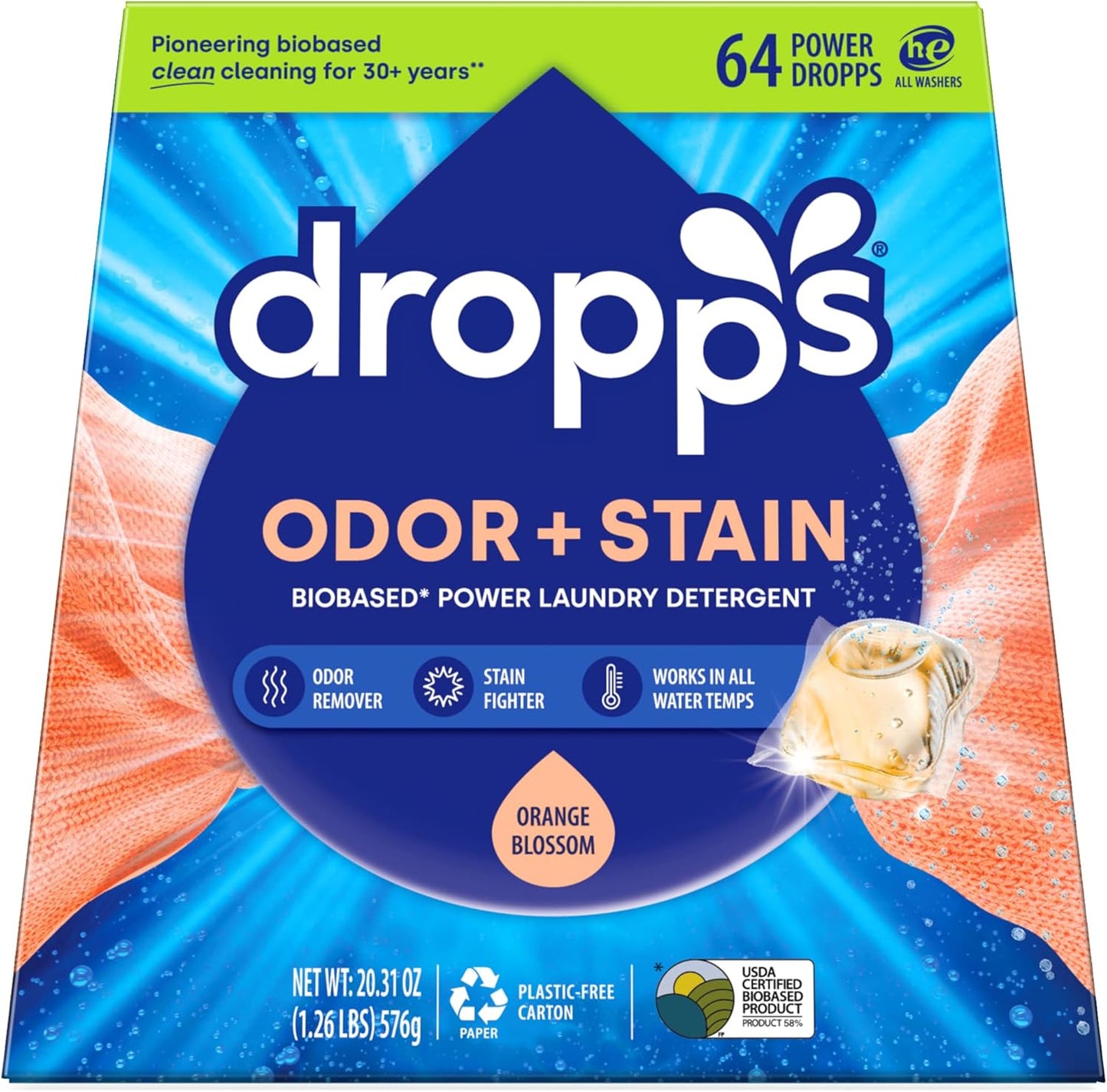 Dropps Odor & Stain Biobased Power Laundry Detergent Pods, Orange Blossom (64 Pods) - HE Compatible Laundry Pods for Fresh Clothes – Laundry Soap Supplies & Recyclable Paperboard Packaging