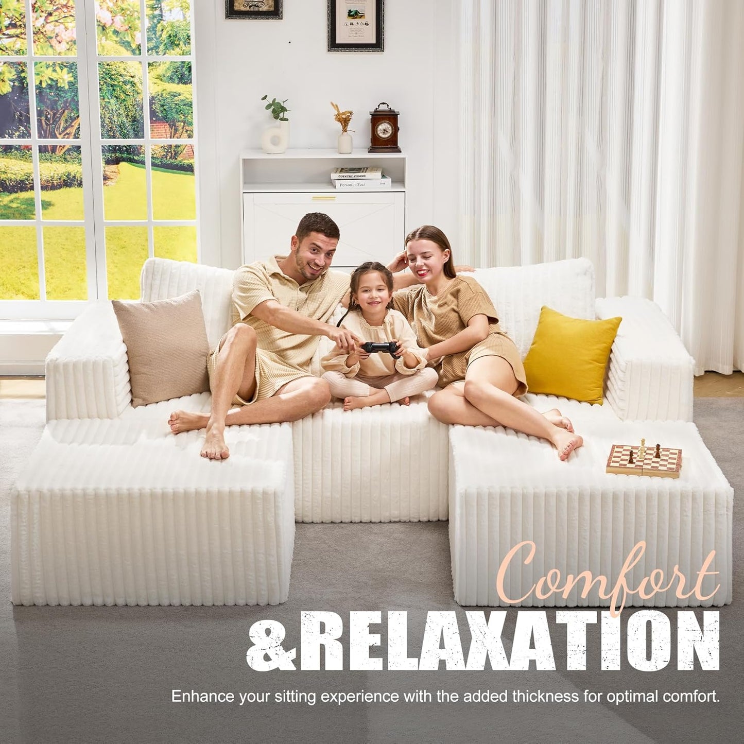 Hobestluk Modular Sectional Sofa Memory Foam Couch Oversized Sectional Sofa 3-Seater with Chaises Cloud Couch with Removable Cover U Shaped Sofa for Living Room (Strip White, U Shape)