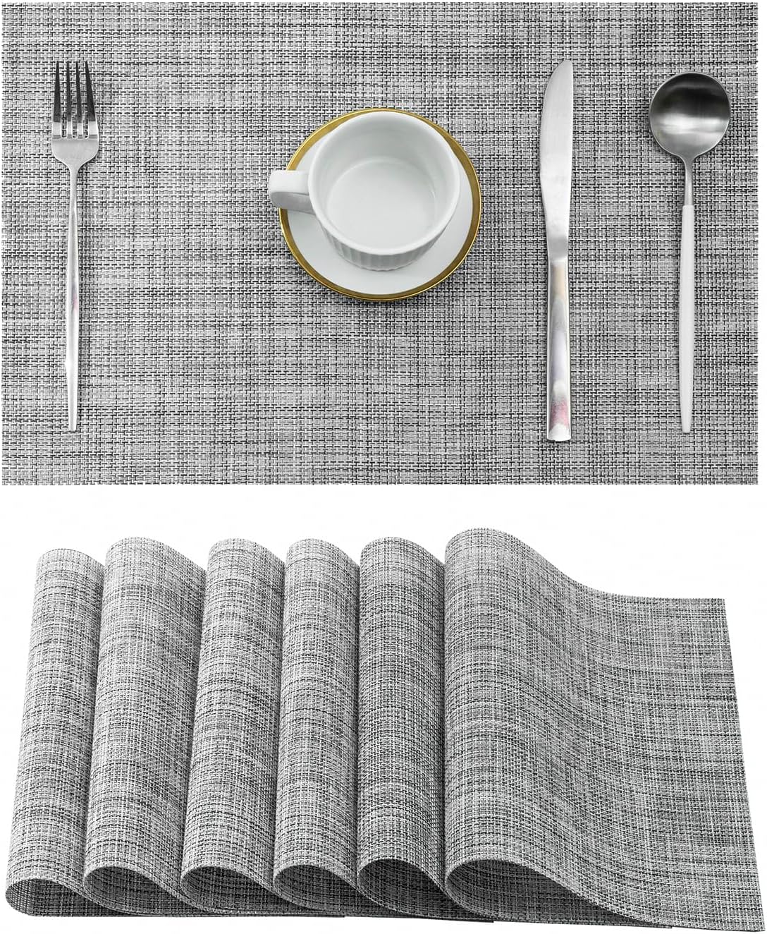 Leetaltree Linen Grey Placemats Set of 6 - Heat Resistant Non-Slip Place mats for Dining Table, Washable Durable PVC Vinyl Woven Table Mats（Linen Grey, 6）