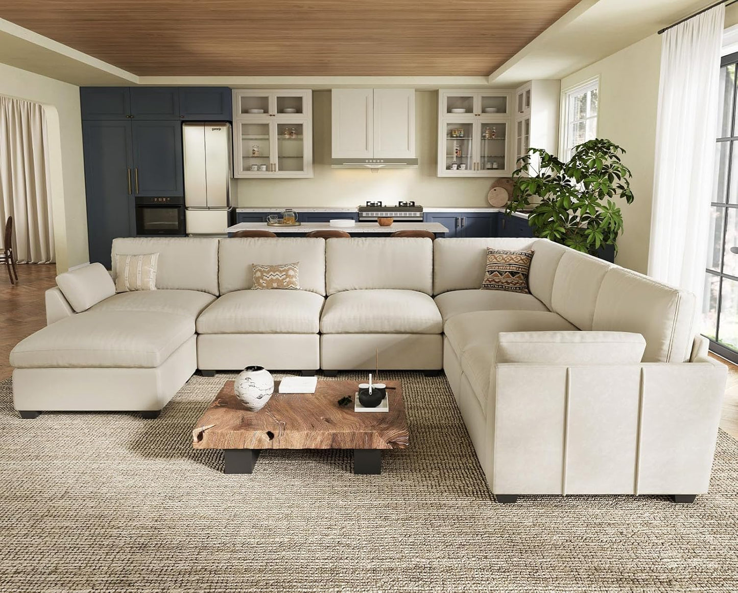 Belffin Oversized Sectional Couch,137.8" 7-Seater U Shaped Modular Sectional Sofa with Ottoman,Convertible Velvet Couches for Living Room,Beige Couch