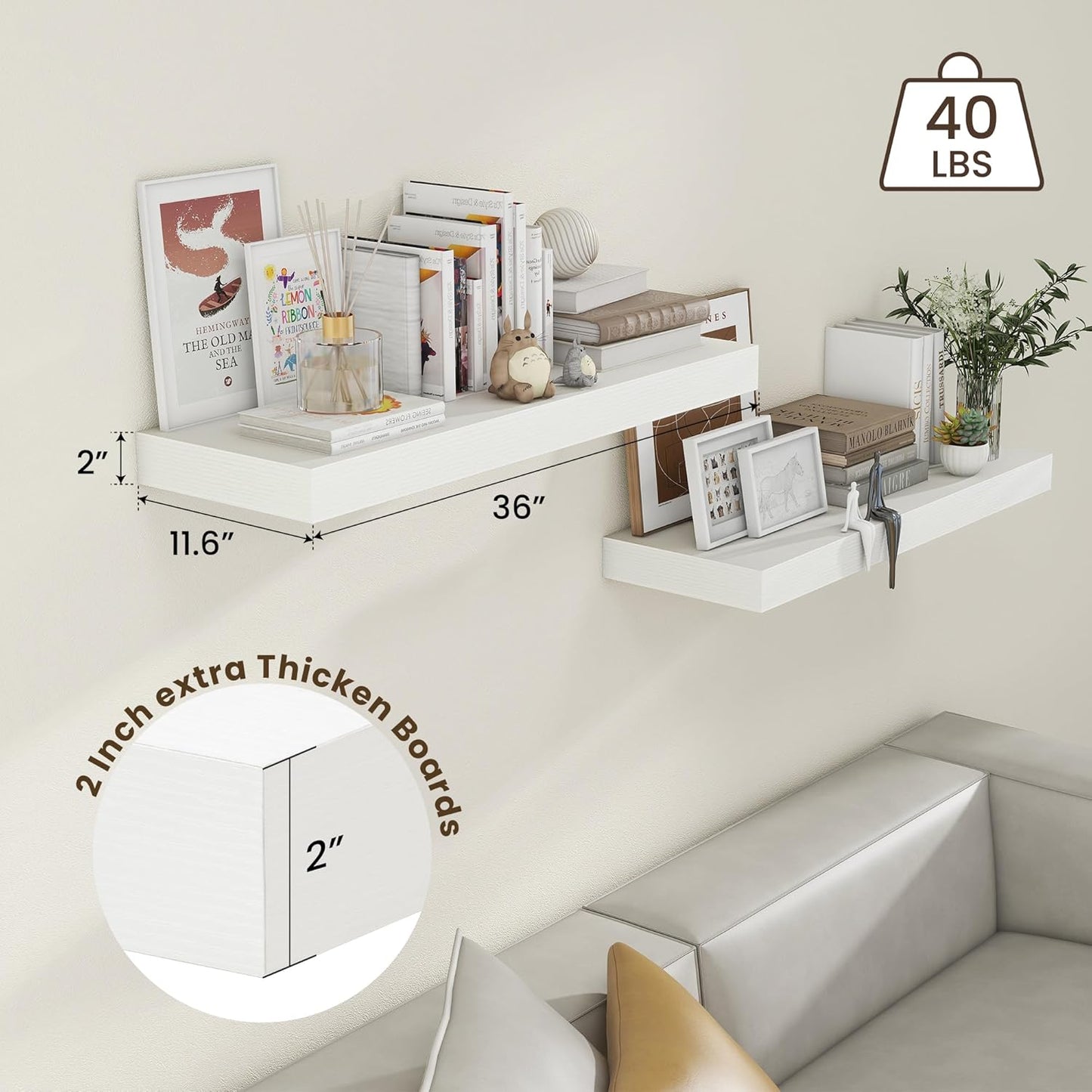 Deep Floating Shelves, 12'' Deep Rustic Large Floating Shelves Set of 2, White Shelves for Wall 36 Inches Long, Wood Shelves for Living Room Laundry Room Bedroom Kitchen Home Office - White