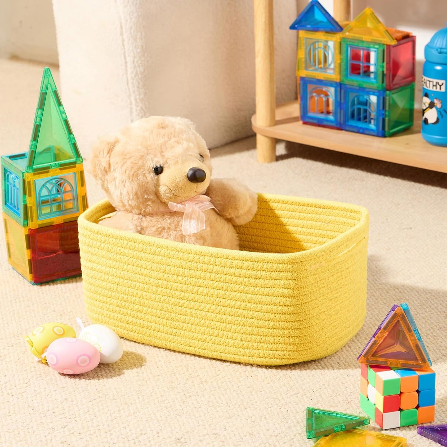 Small Storage Baskets for Organizing | Closet Organizer Bins | Shelf Toy Basket | Woven Rope Baskets | Cube Decorative Box | Shallow Basket | 13x8.5x5.1” | 4 Packs Yellow