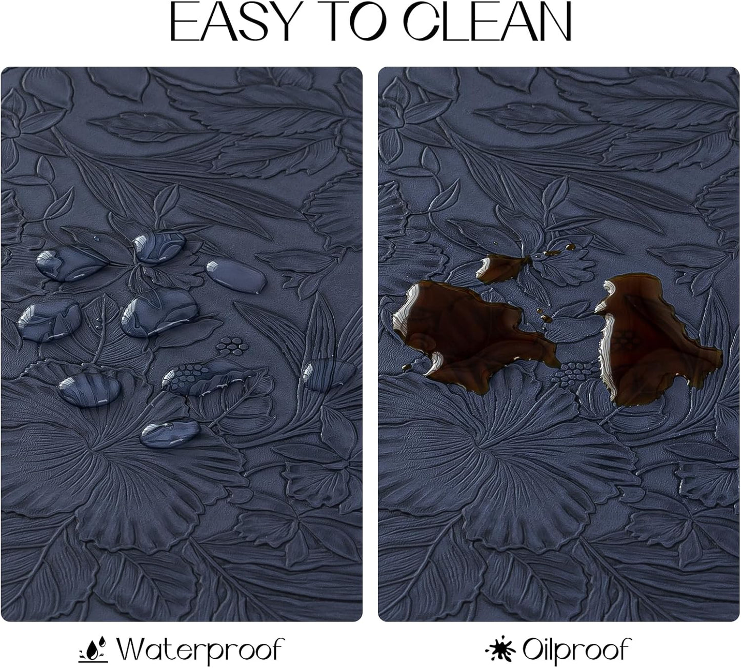 Romanstile Vinyl Placemats Set of 6-12 X 18 Inch - Heat Resistant Non-Slip Embossed Floral Place Mats 100% Waterproof Oilproof Wipeable Faux Leather Table Mats for Kitchen/Dining/Party, Navy Blue