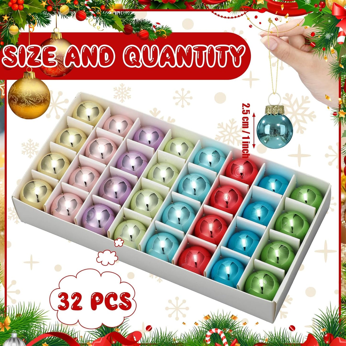 Tioncy 32 Pcs 1 Inch Mini Glass Christmas Ornaments Balls Shiny Christmas Balls Tiny Tree Hanging Decoration Small Colorful Ball Pendant for Xmas Party Supplies(Macaron Color)