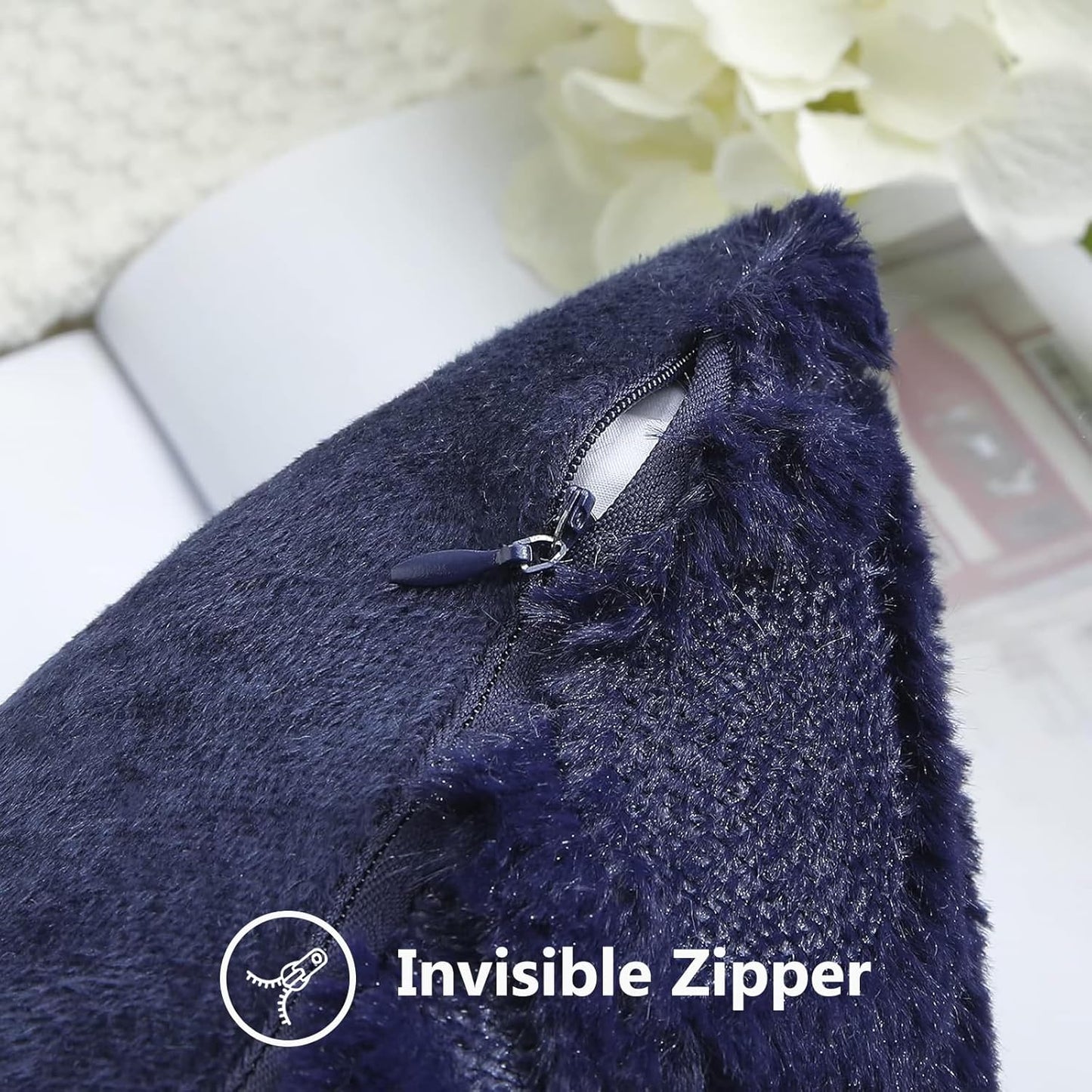 decorUhome Fall Throw Pillow Covers 24x24 Inch Set of 2, Soft Plush Decorative Faux Fur Navy Blue Solid Couch Pillow Covers, Accent Farmhouse Neutral Square Euro Pillow Cases for Sofa Bed Living Room