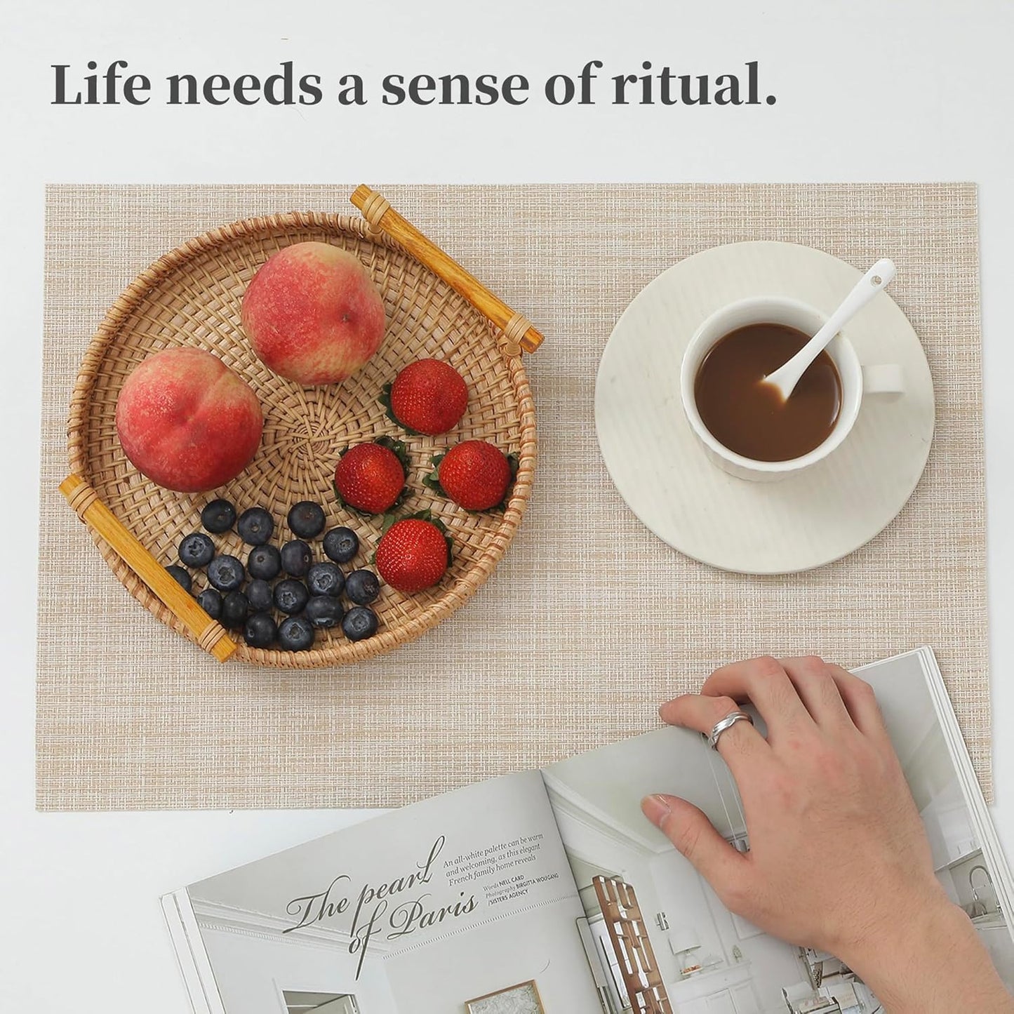 Leetaltree Beige Placemats Set of 16 - Heat Resistant Non-Slip Place mats for Dining Table, Washable Durable PVC Vinyl Woven Table Mats（Beige, 16）