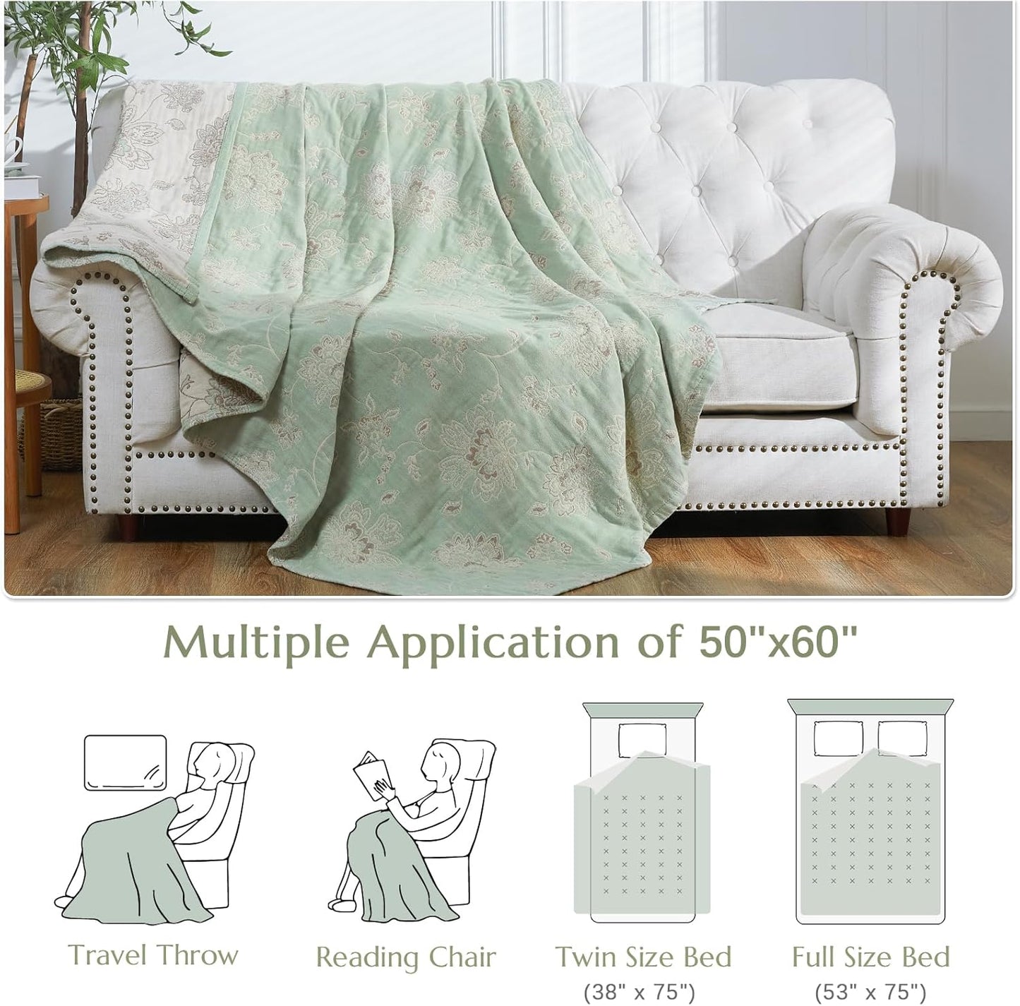 jinchan Boho 100% Cotton Muslin Twin Size 50x60 Inches Blanket Lightweight 4-Layer Quilted Soft Green and Beige Floral Throw Blanket Reversible Comfy Flower Breathable All Seasons Couch Bedroom Decor