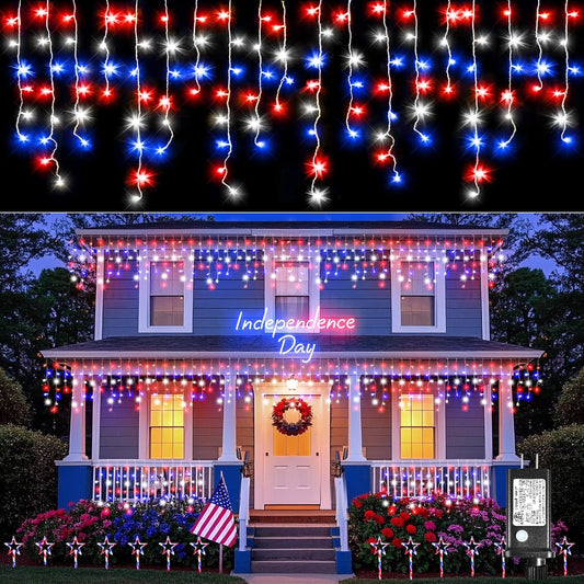 Red White and Blue Lights for 4th of July Decor, 33ft Icicle Lights for Outside Independence Day Decoration, 400 LED Christmas Light Outdoor Indoor with 120 Drops Clear Wire Connectable for Holiday