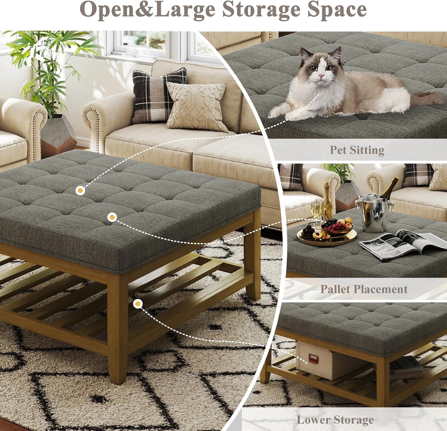 Large Square Ottoman Coffee Table, Linen Solid Upholstered Footrest Ottoman with Solid Wood Shelf Storage Tufted Coffee Table for Bedroom Living Room, Granite