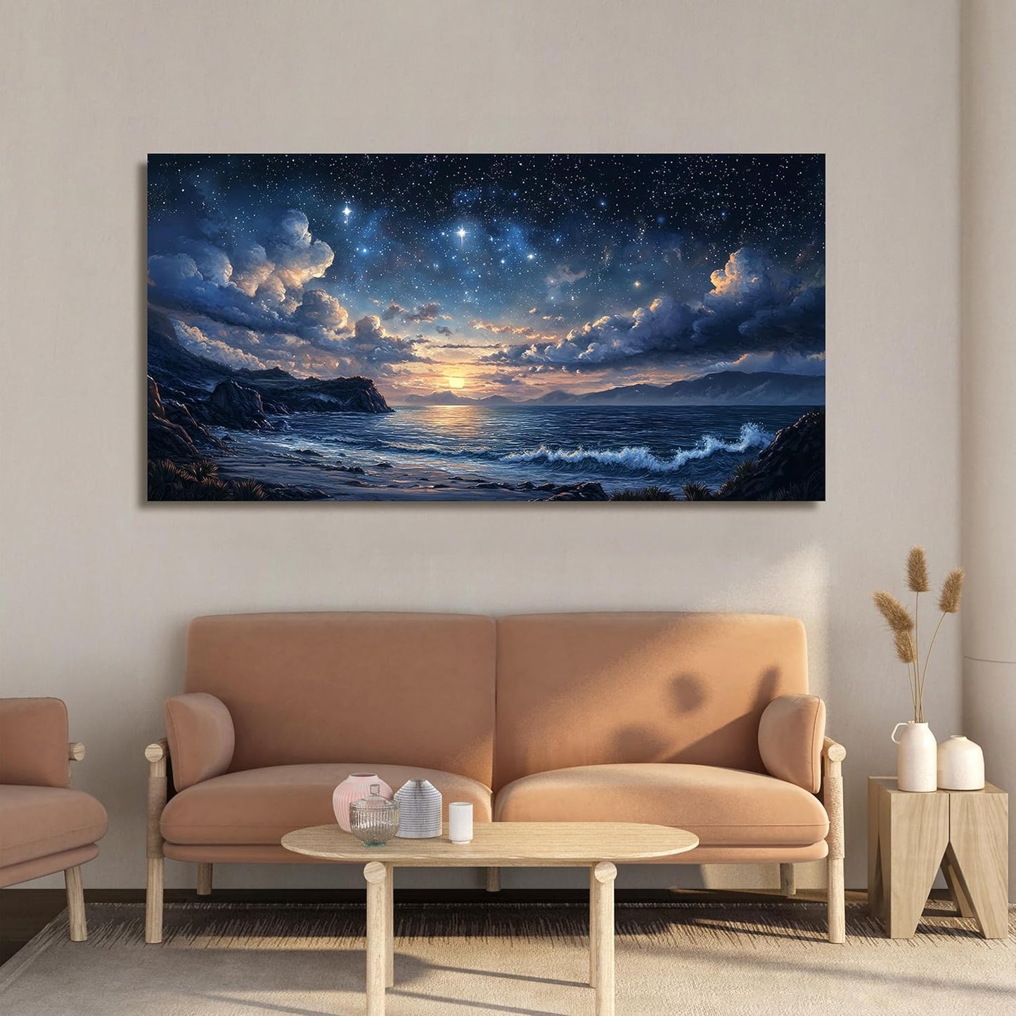 Canvas Wall Art Decor Modern Wall Art Pictures for Living Room Landscape Coastal Wall Art Artwork for Walls Star Night Blue Wall Decor Art Prints Art Work for Home Office Room Wall Decor 20" x 40"