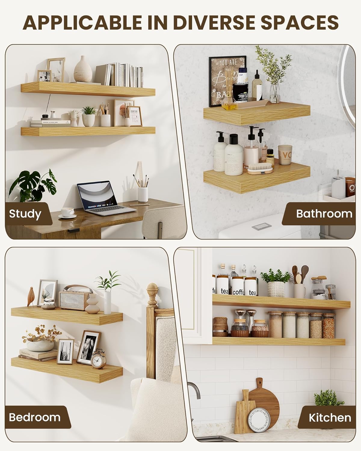 Marsmiles 39" Floating Shelves for Wall, Wooden Shelves with Invisible Brackets Set of 2, Rustic Farmhouse Wall Mounted Shelf for Kitchen Bathroom Living Room Study, Natural Oak