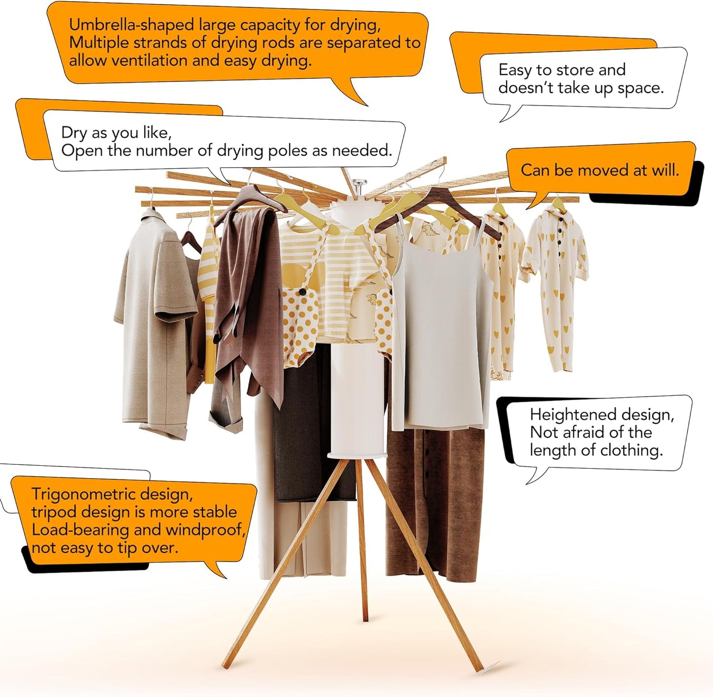 Clothes Drying Rack Tripod,Drying Rack Clothing,Laundry Drying Rack,Floor Standing,16 Wooden Poles,Collapsible Drying Racks for Laundry,Retractable,Foldable,Folding