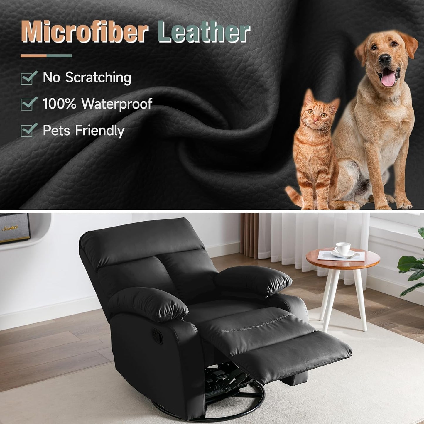 Swivel Rocker Recliner, Rocking Recliners Chair for Small Spaces, Small Rocker Recliner Chair, Nursery Rocking Chairs for Living Room, RV, Nursery, Black