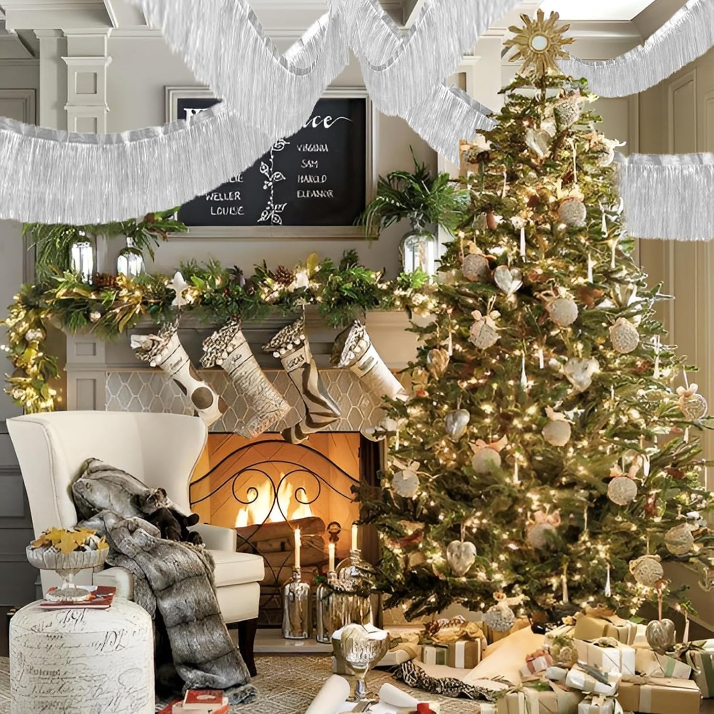 Silver Foil Fringe Garland 10FT 6packs, Metallic Foil Tinsel Fringe Banners for Parade Float Decorations Wedding, Birthday Party Graduation (six Silver)