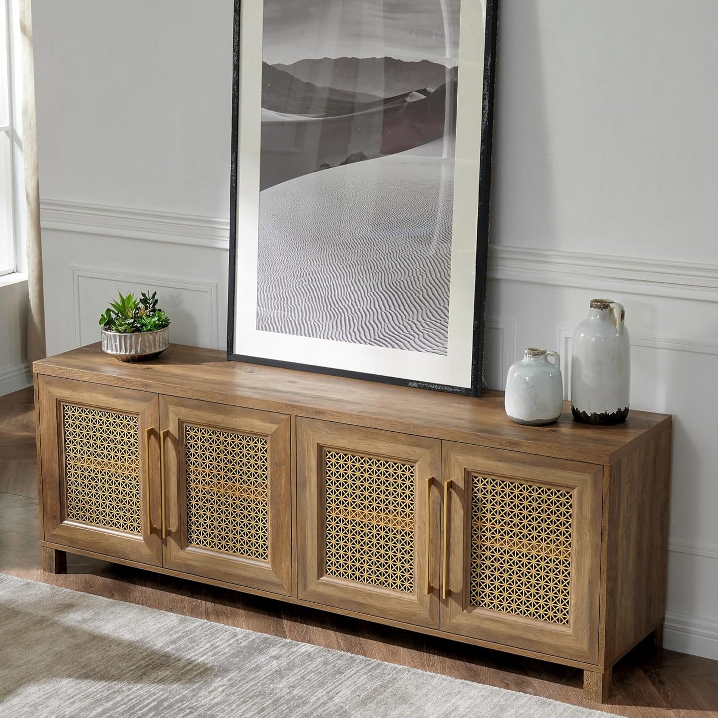 JYED Mid Century Modern TV Stand for TVs up to 75 Inch, with Hollow Metal Mesh Decorated，Boho TV Console with Storage Cabinet,Cable Holes, TV Stand for Living Room, 69.5"x15.6"x24.8", Rustic