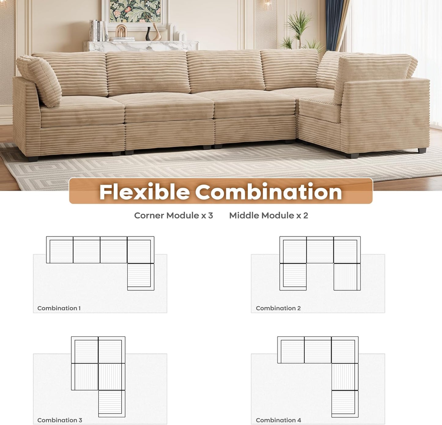 ovios Sectional Sofa Couch with L-Shape Chaise Convertible, Comfy Modular Cloud Couches with Deep Seat, Modern Upholstered Plush Corduroy Sofas Set for Living Room, 5-Seater, Beige