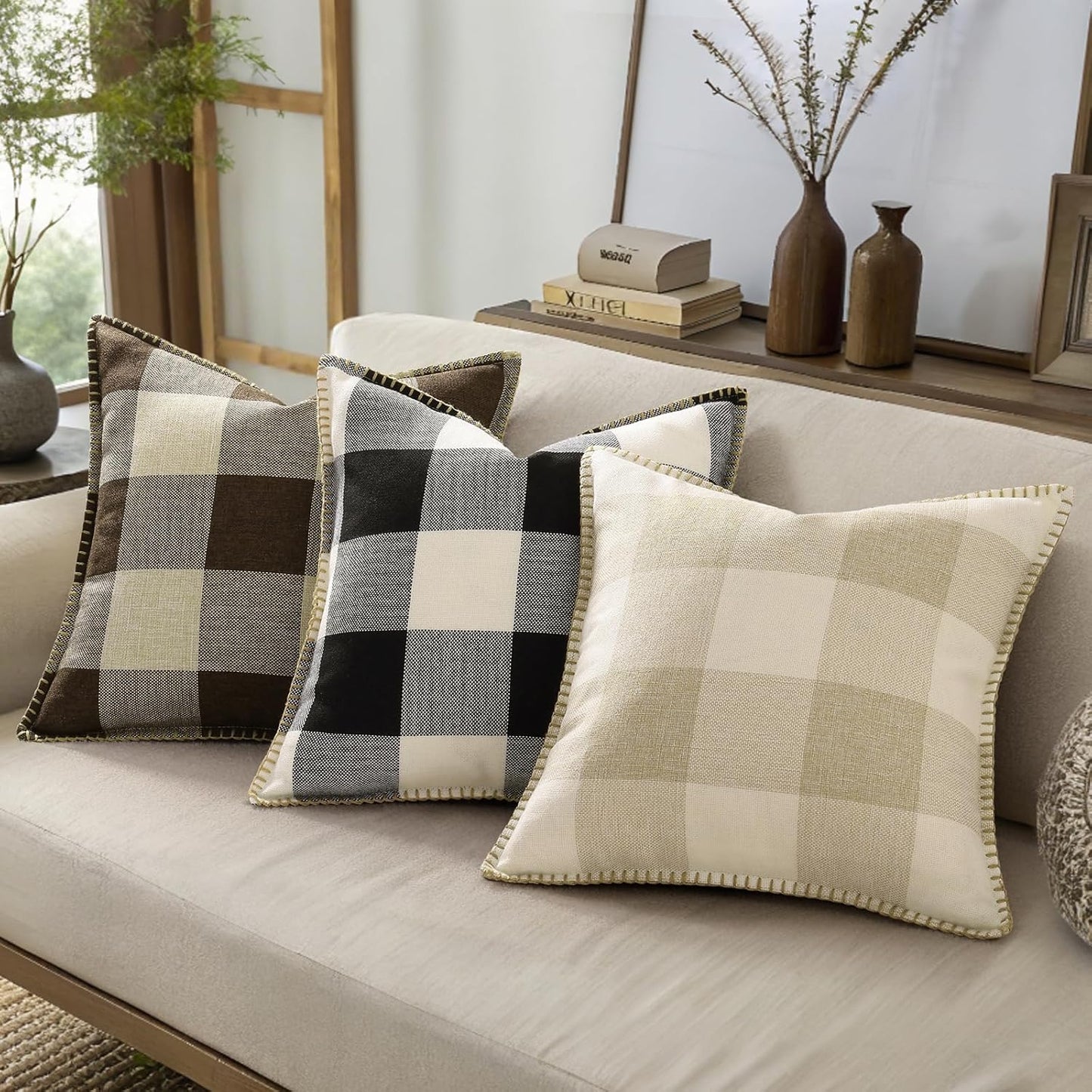 decorUhome Buffalo Plaid Check Throw Pillow Covers 24x24 Set of 2, Outdoor Decorative Farmhouse Neutral Pillow Covers with Stitched Edge for Bed Couch Sofa, Black and White