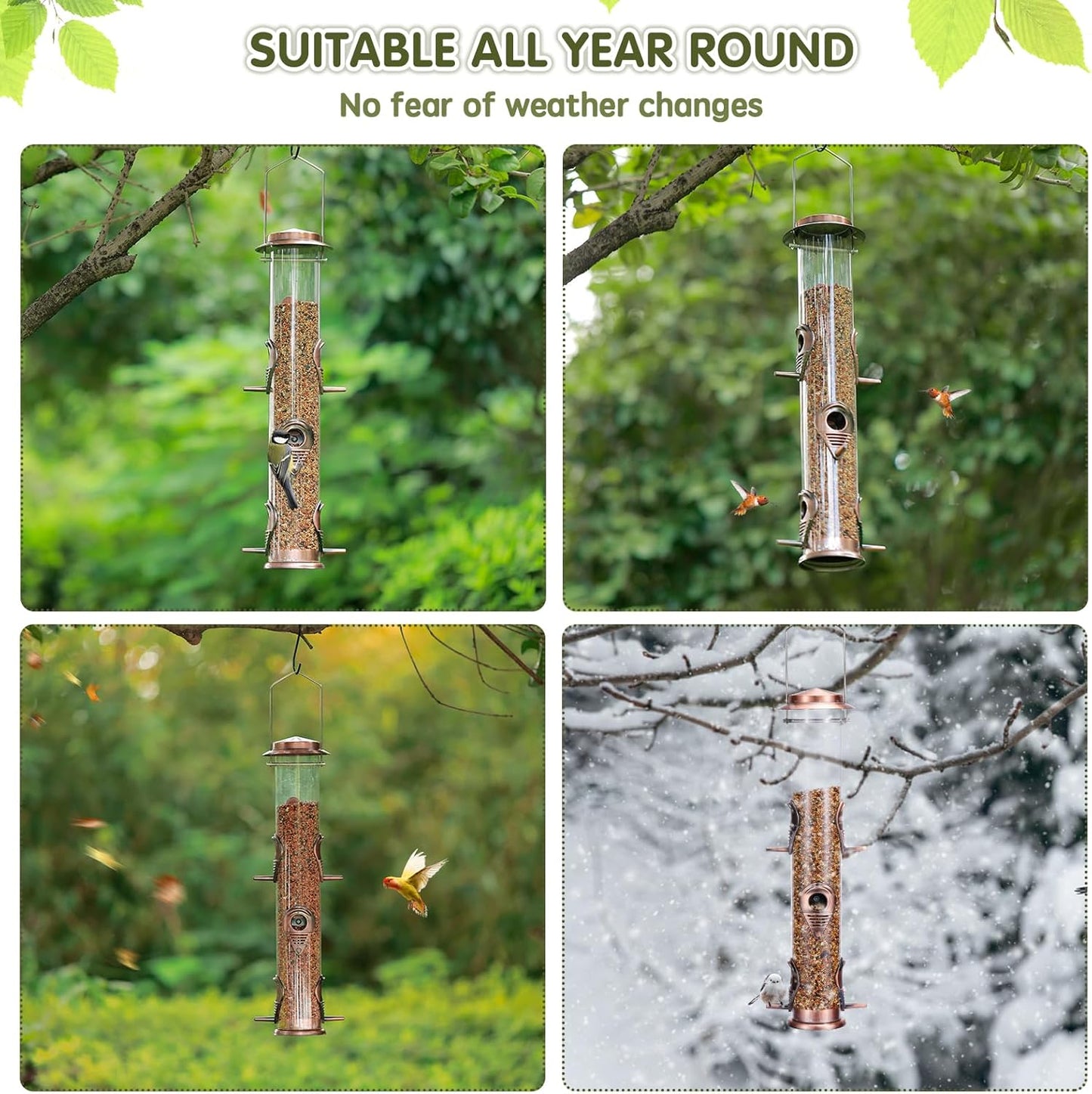 MIXXIDEA 2PK Metal Wild Bird Feeder Squirrel Proof for Outside Hanging - 6 Port Tube Transparent Finch Feeder With Steel Hanger (Antique Copper)