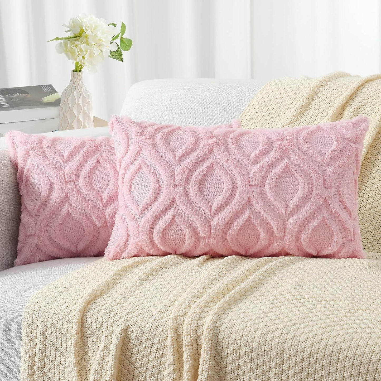 decorUhome Throw Pillow Covers 12x20 Inch Set of 2, Soft Plush Decorative Faux Fur Light Pink Solid Couch Pillow Covers, Accent Farmhouse Neutral Lumbar Euro Pillow Cases for Sofa Bed Living Room