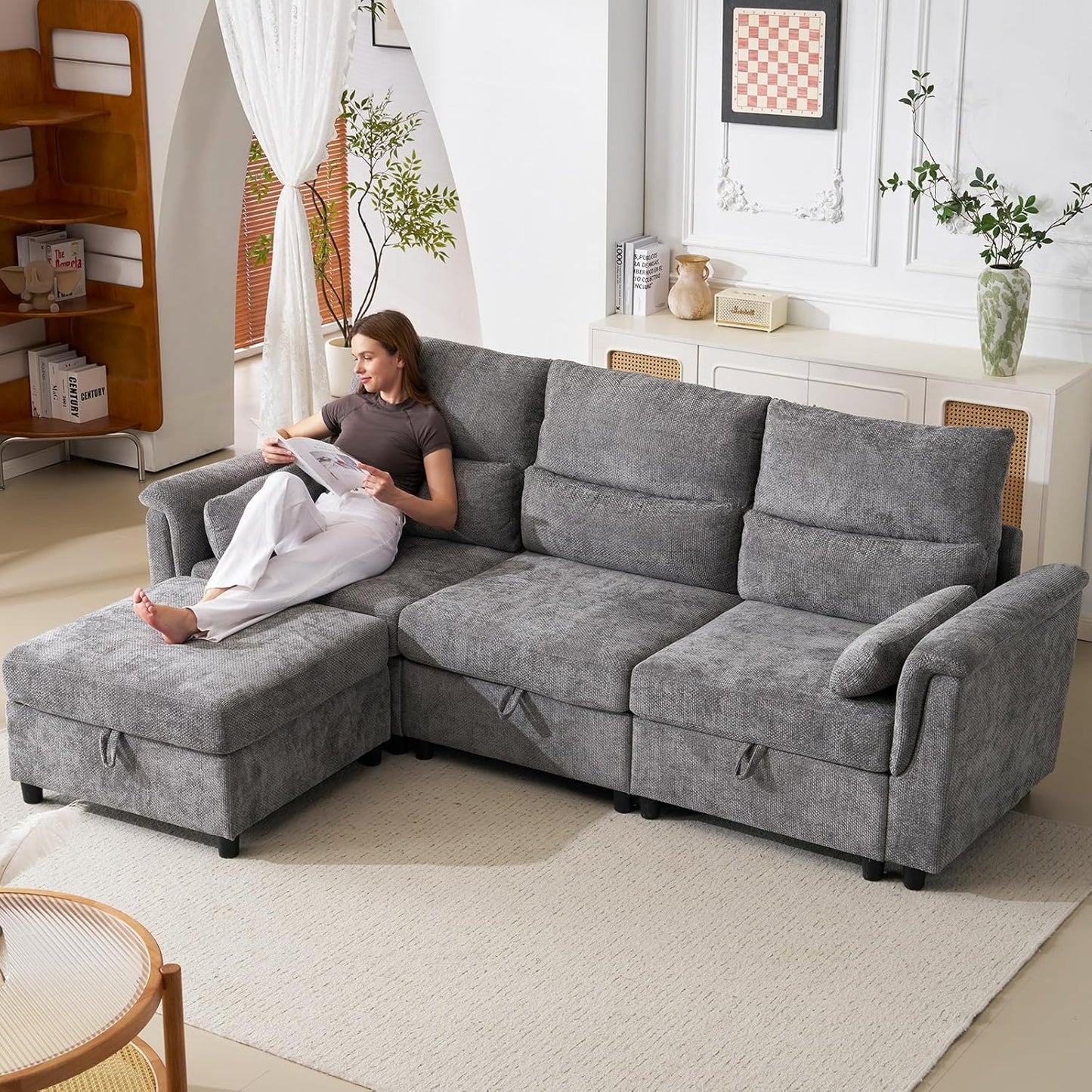 103'' Modular Sectional Sofa, L Shaped Comfy Cloud Couch with Storage,4-Seat Convertible Modern Deep Seat Sofa with Throw Pillows for Living Room, Grey