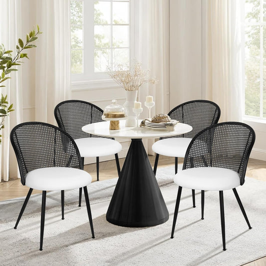 Rattan Dining Chairs Set of 4, Faux Leather Upholstered Dining Chairs with Black Cane Back, Mid-Century Modern Farmhouse Armless Accent Chairs for Kitchen Dining Room, Restaurant, White
