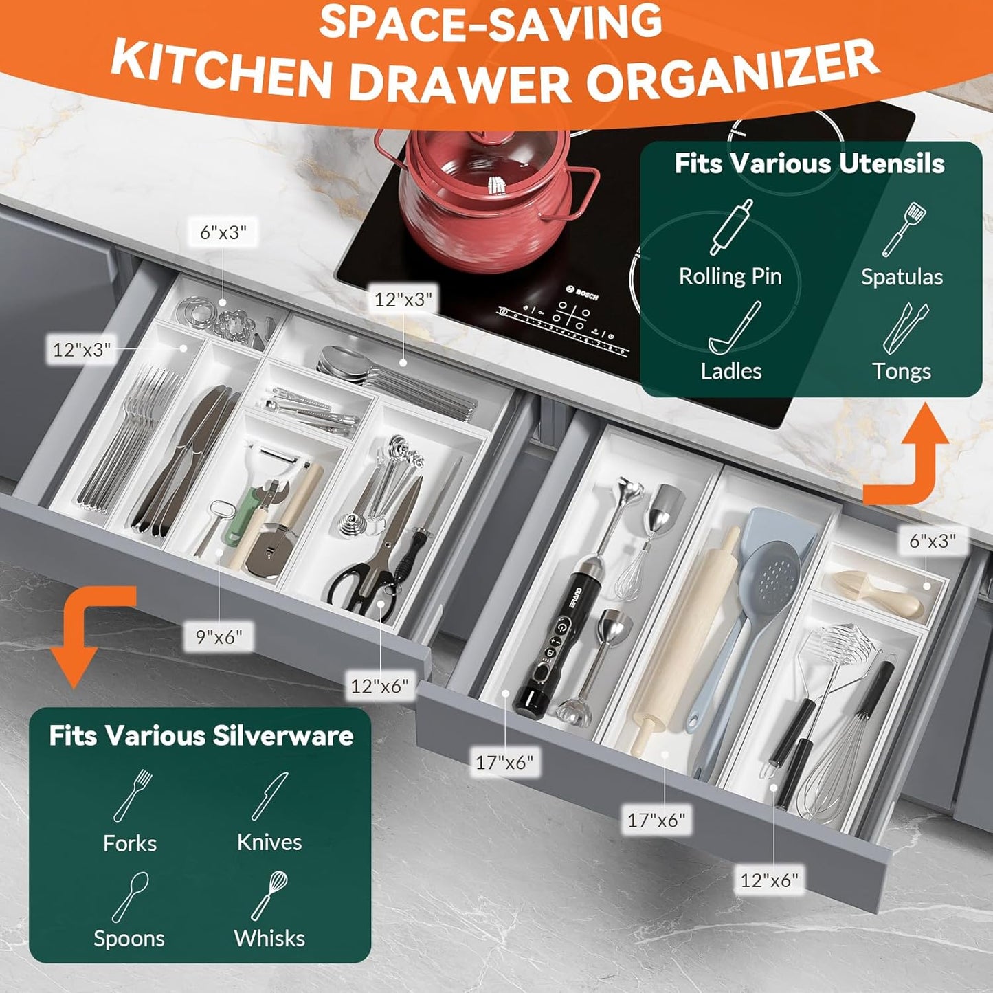 Utensil Organizer Silverware Drawer Organizer - Set of 2, Stackable Kitchen Organization, Bamboo Storage Box Tray for Kitchen Gadgets Bathroom Countertop (White)