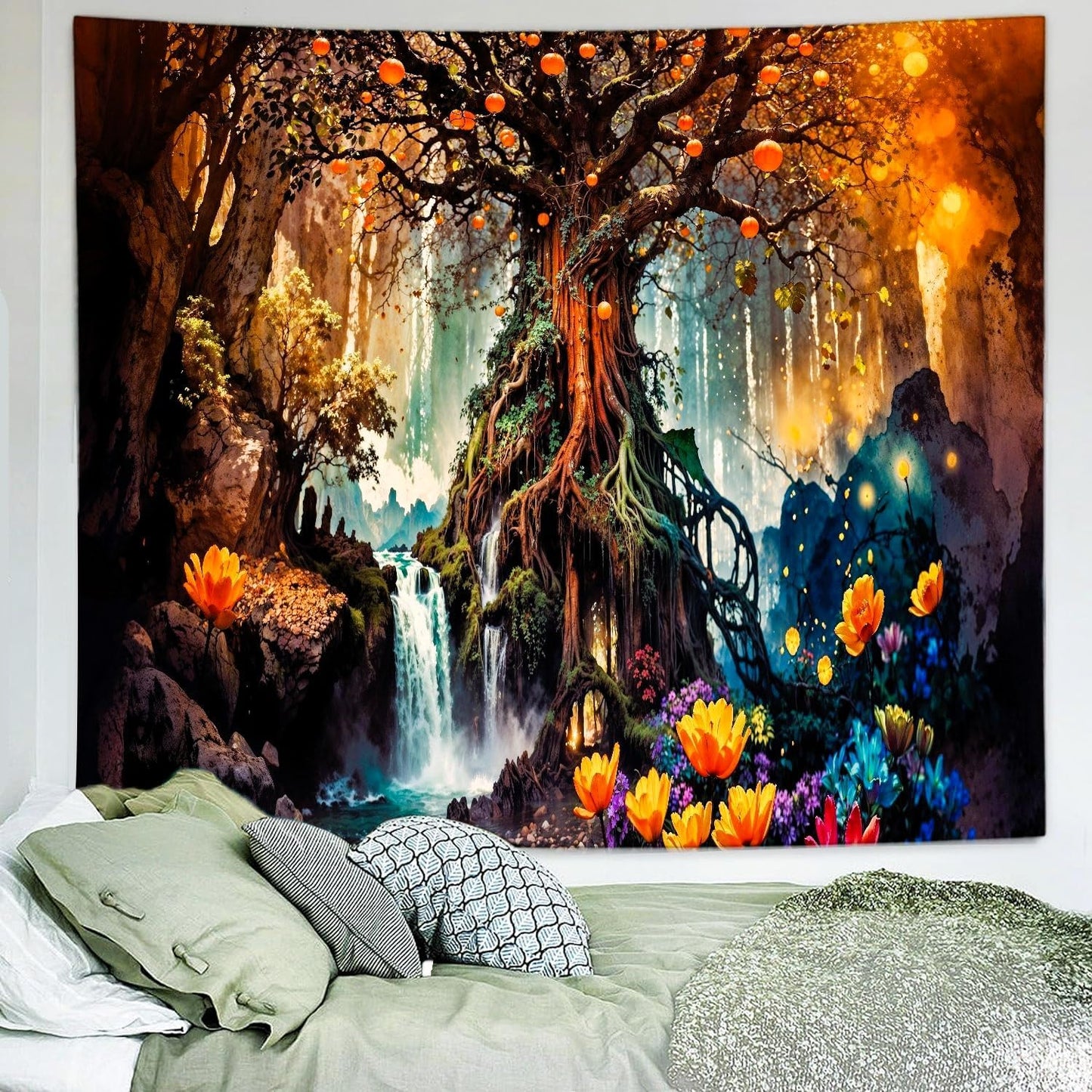 Delur Magical Forest Tapestry Fantasy Tree of Life Fairy Tale Enchanted Mystical Forest Tapestry Psychedelic Nature Landscape Wall Hanging Headboard for Bedroom Living Room Home Decor (51.2" x 59.1")