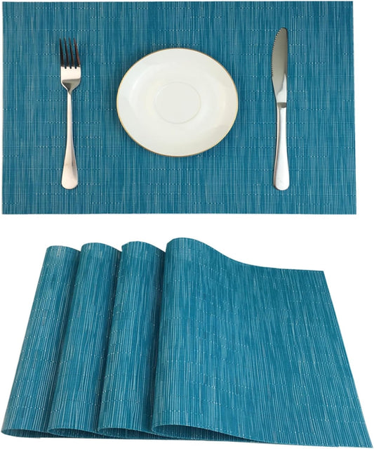 WAZAIGUR Placemats Set of 4 for Dining Table Heat-Resistant Washable Place Mats Woven Vinyl Kitchen Table Mats Easy to Clean,Blue