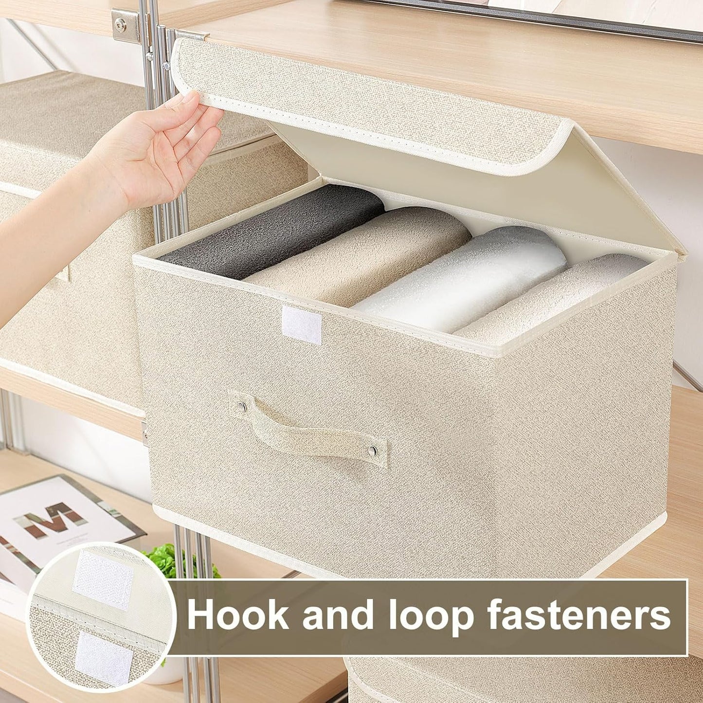 Storage Boxes, Collapsible Storage Bins with Lids, Cotton and linen cloth Storage Baskets with Handle, for Books, Closet, Bedroom, Home, 15x9.8x9.8 in, Grey and Beige