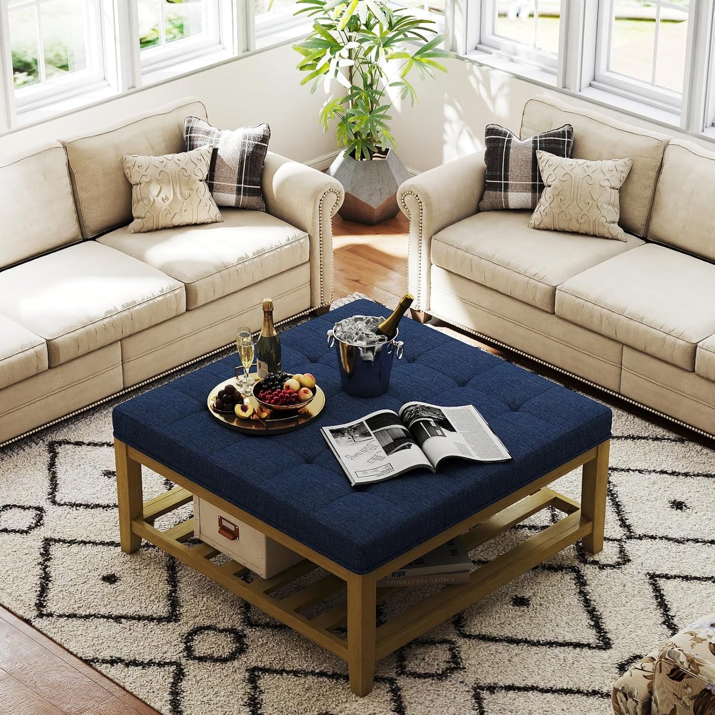 Large Square Ottoman Coffee Table, Linen Solid Upholstered Footrest Ottoman with Solid Wood Shelf Storage Tufted Coffee Table for Bedroom Living Room, Navy Blue