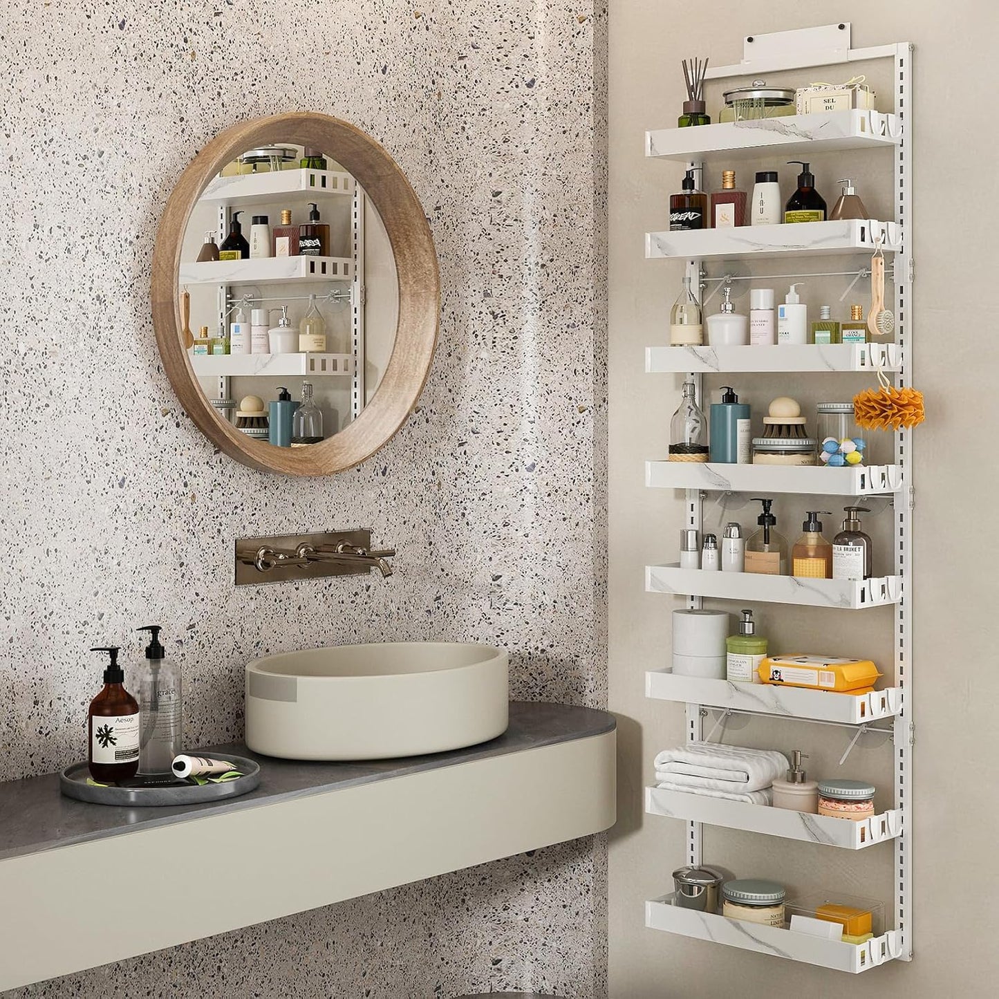 bukfen Over the Door Pantry Organizer,8-Tier Adjustable Basket Kitchen Pantry Door Organization and Storage, Heavy-Duty Metal Hanging Kitchen Spice Rack,D6.3 x W17.32 x H66.93 inch,White Marble Color