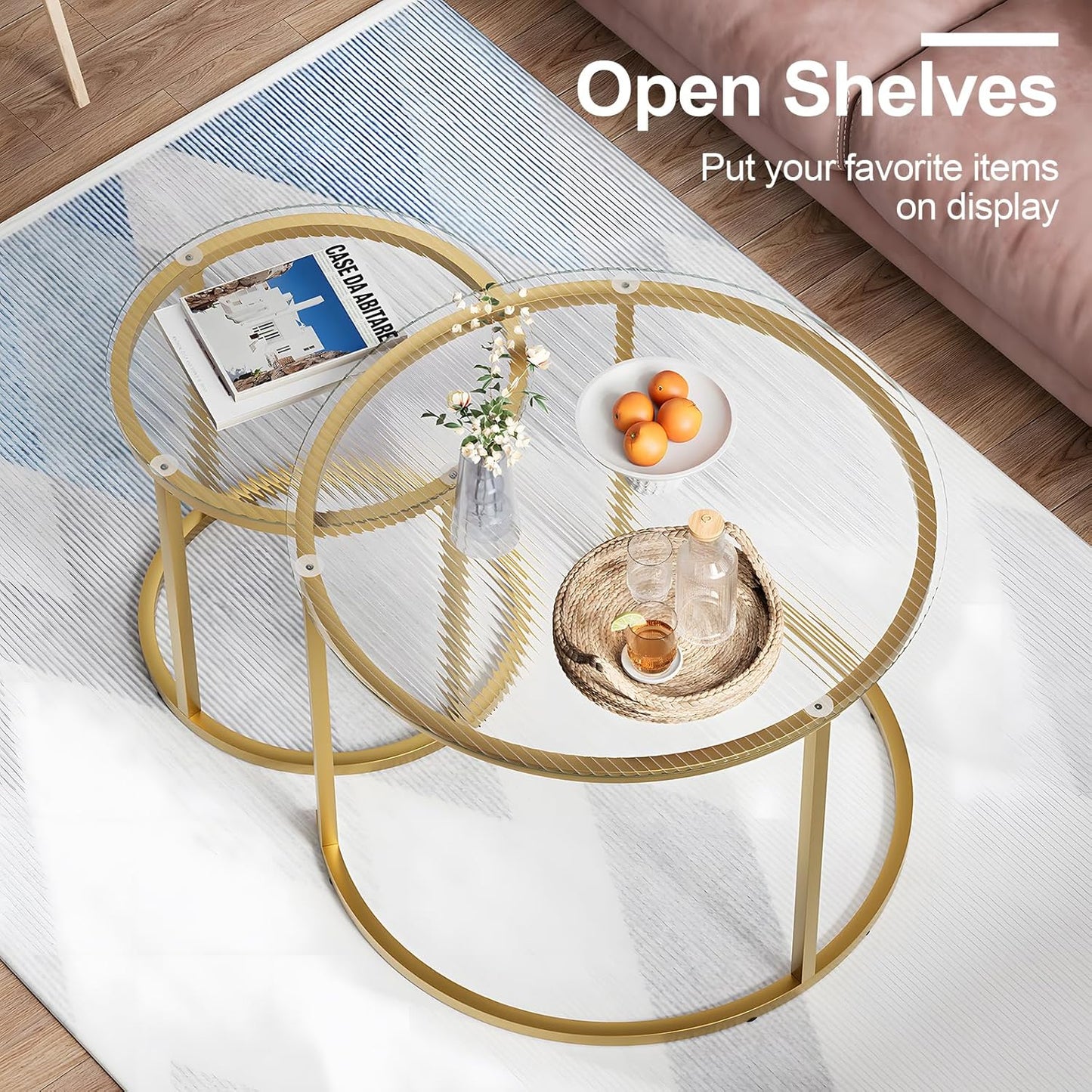 aboxoo Nesting Coffee Table Set of 2, Small Round Glass Nesting Tables for Living Room Bedroom, Accent Tea Table with Gold Metal Frame Modern Industrial Simple