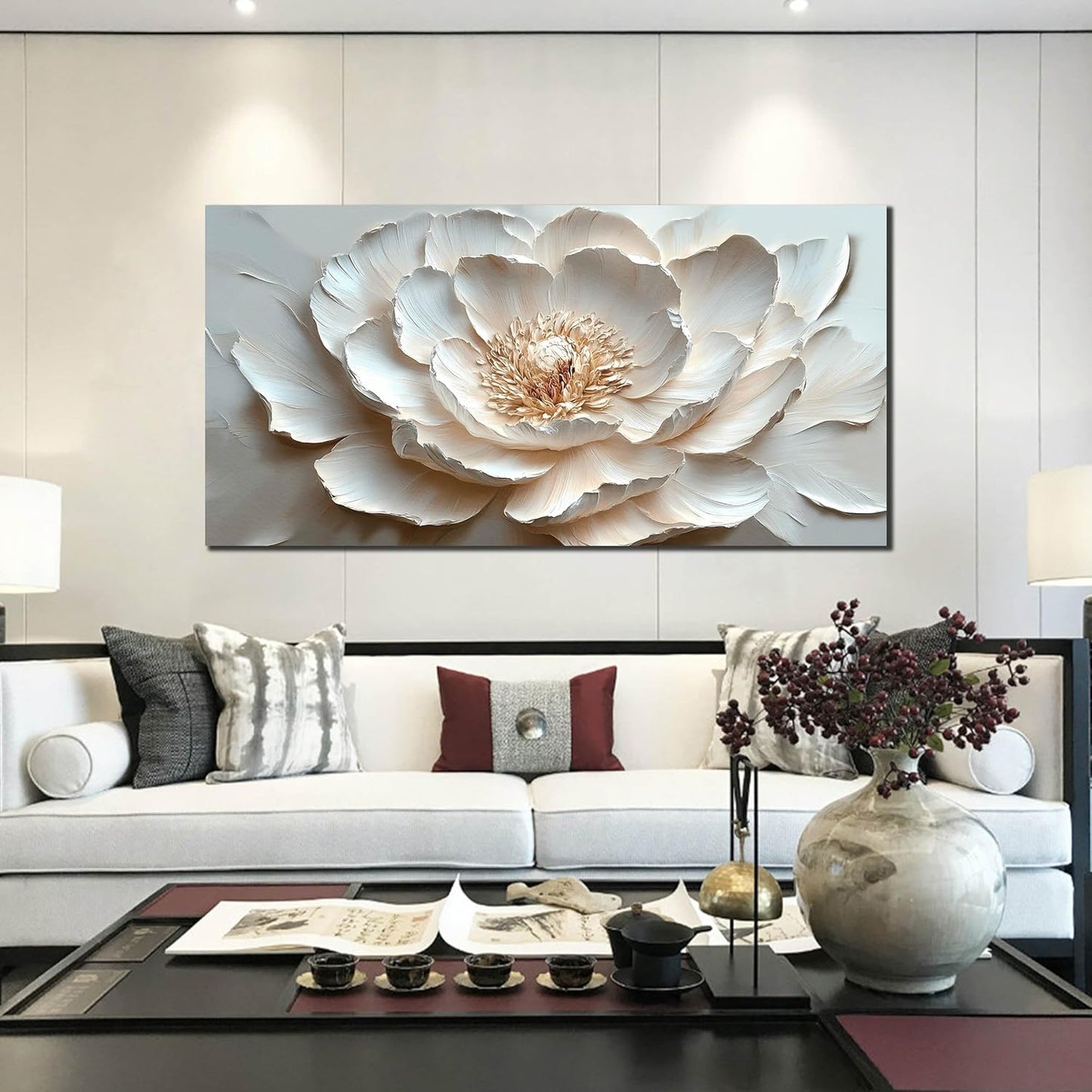 White Flower Wall Art for Living Room - Large Modern Wall Art Bedroom - Floral Bedroom Wall Decor for Teen Girls Size 29" x 59"