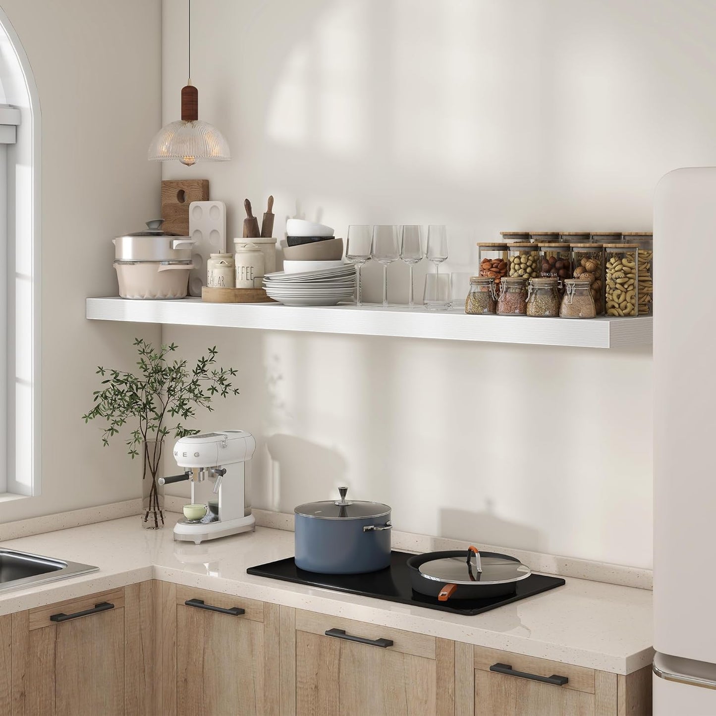 White Floating Shelves for Wall - 72 Inch Wide x 12 Inch Deep Wall Shelves Set of 1 - Rustic White Wood Shelves for Living Room, Bathroom, Laundry Room, Bedroom, Kitchen, Home Office