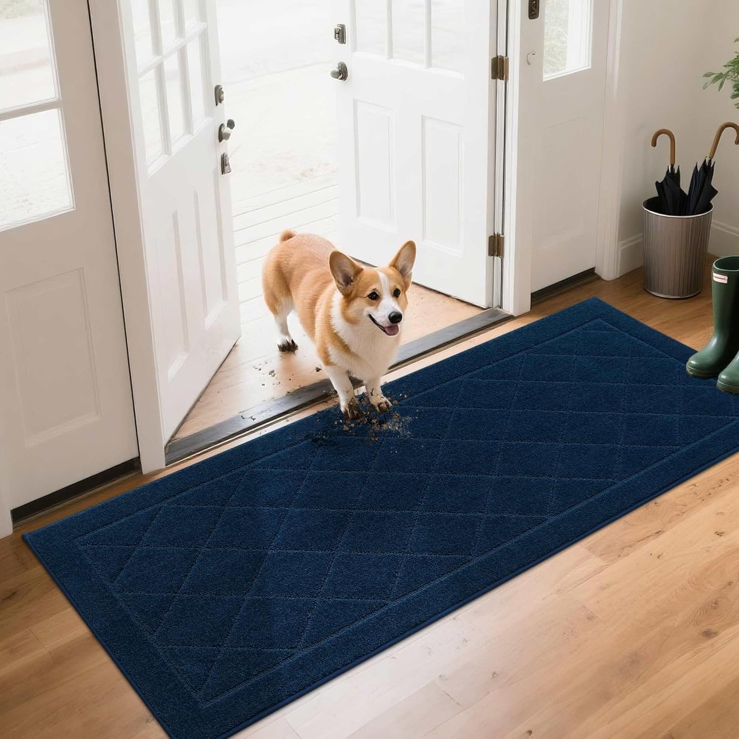 BEQHAUSE Dirt Trapper Door Mat 24" x 60", Doormat Non-Slip Entryway Rugs Washable, Dog Door Mat Stain Resistant and Absorbent Welcome Floor Mat for Front Back Door, Muddy Wet Shoes & Paws, Navy Blue