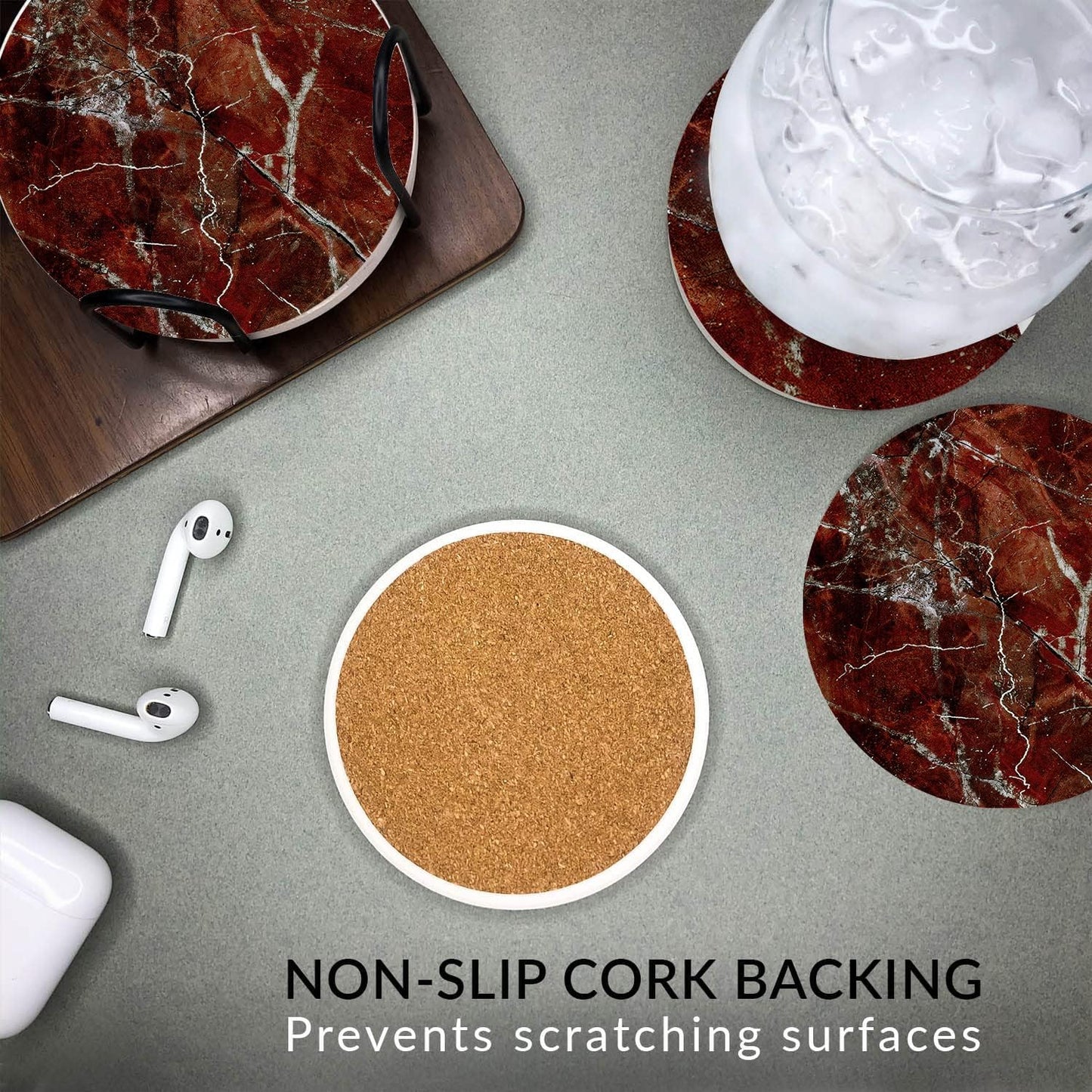 Emerson Coasters for Drinks Absorbent – Natural Stone Drink Coasters Set with Holder, Coasters for Coffee Table, Wooden Tabletop Protection Marble Style – 100% Heavy Duty Set of 6 (Ruby)