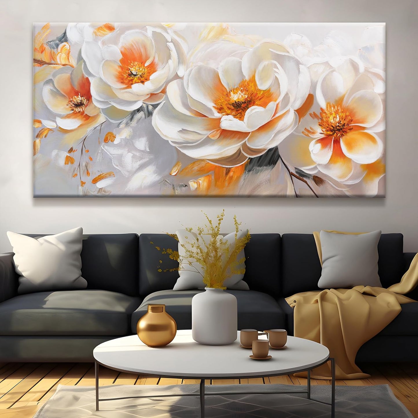 Suconvng Large Wall Art For Living Room Floral Wall Artwork Modern Canvas Art Wall Decor 29" X 58" Painting Orange White Flower Wall Art For Bedroom Home Office Dining Room Home Decoration
