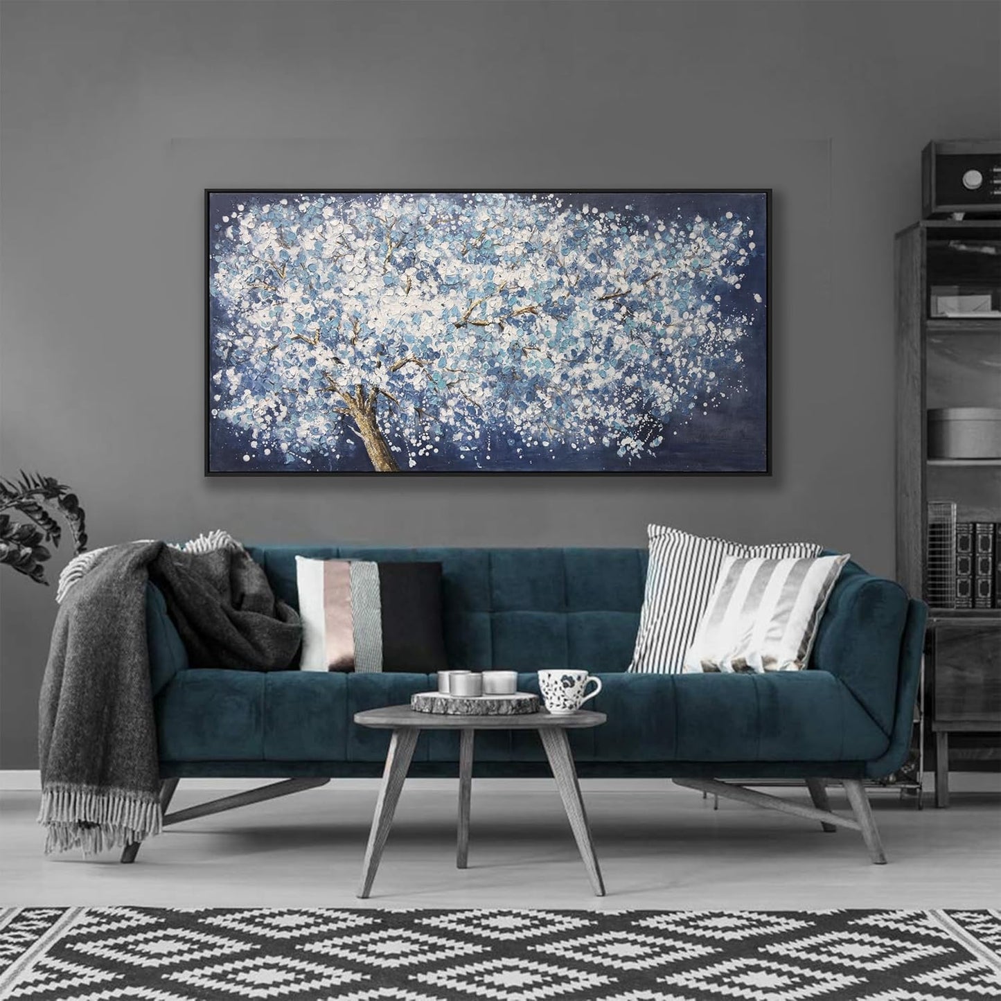 Modern Wall Art Nature Art Canvas Artwork Wall Decor Painting Dark Blue And White Abstract Tree Plants With Framed For Bedroom Living Room Dining Room Home Office Modern Abstract Artwork 24"×48"