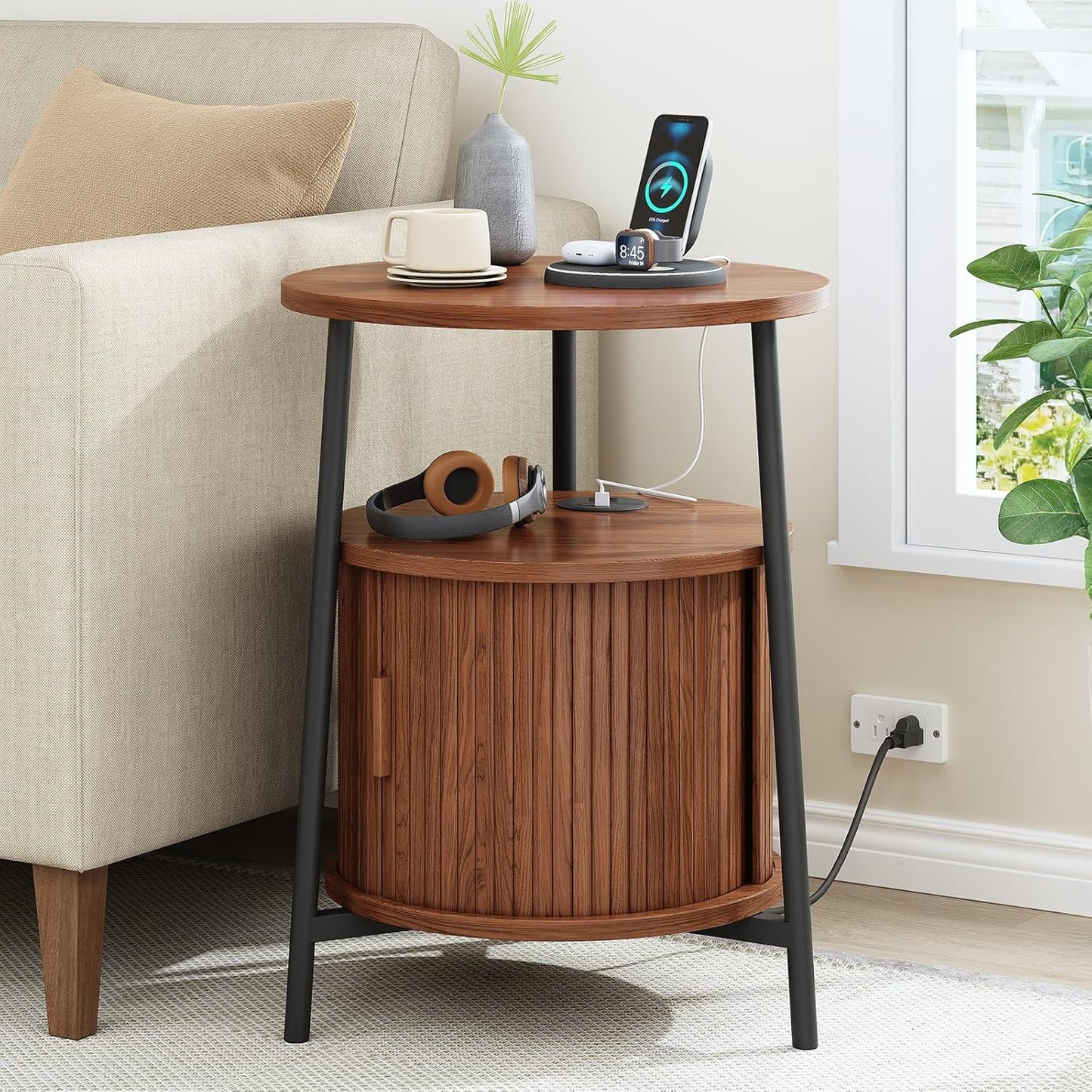 Round Side Table with Storage, Fluted Nightstand with Charging Station, Small Mid-Century Modern Bedside Tables, Walnut End Tables for Small Space Living Room Bedroom Sofa Couch