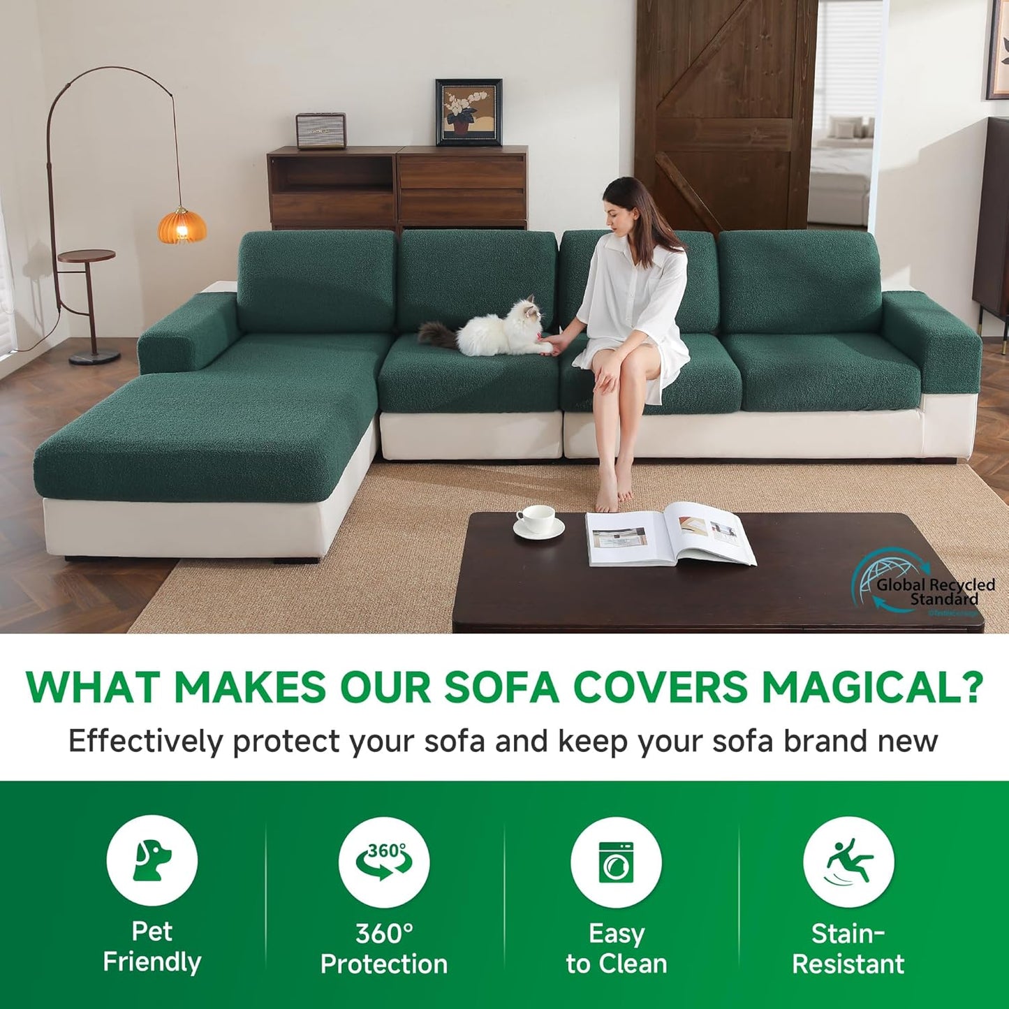 Couch Cushion Covers for Sectional Sofa, Stretch Soft Sofa Slipcovers Washable Wear-Resistant Universal Furniture Protector for Living Room(3 Seaters Covers+1 Chaise Cover, Green)